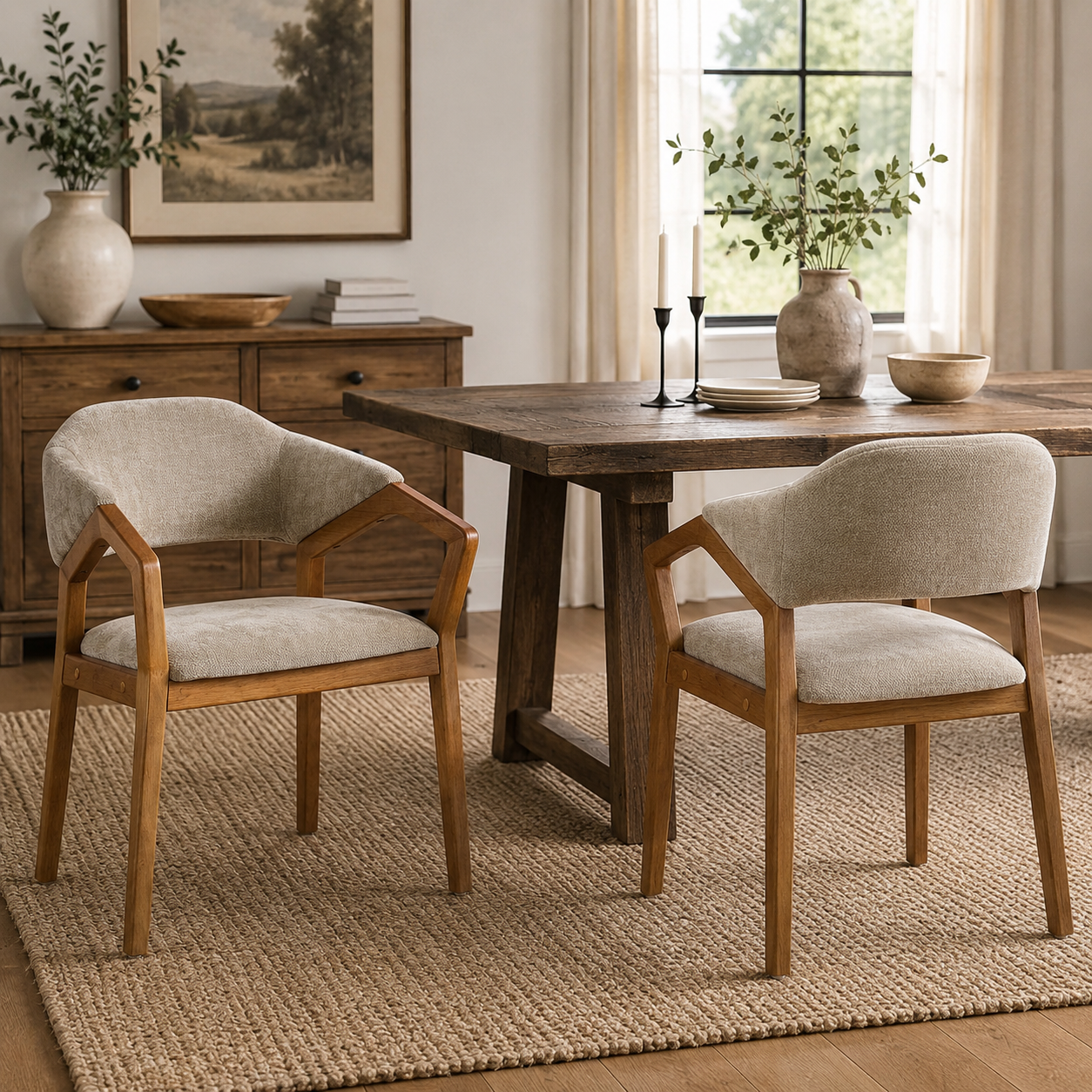 Taupo light oak upholstered dining chairs in a warm dining space with a wood table and neutral decor