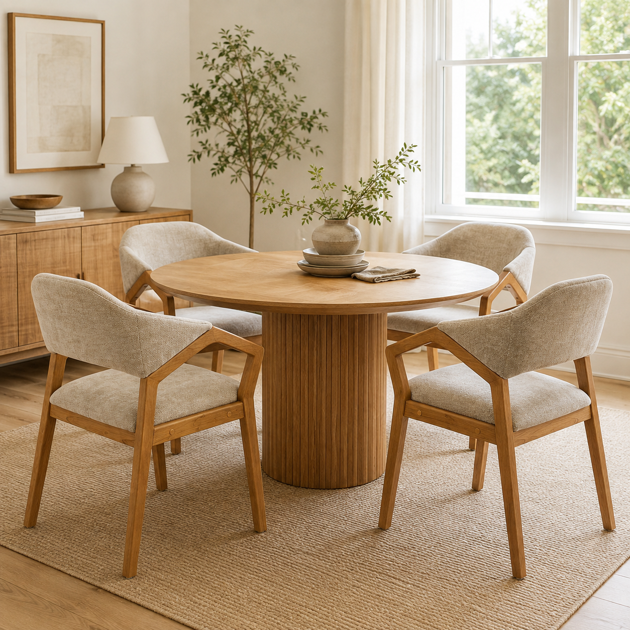 Taupo light oak dining chairs around a round wood dining table in a cozy dining room