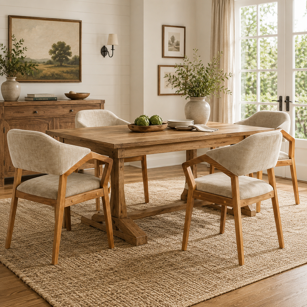 Taupo light oak chenille dining chairs beside a wood dining table in a bright contemporary room