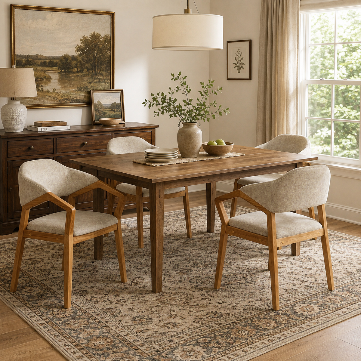 Taupo light oak upholstered dining chairs around a rectangular dining table in a sunlit home setting