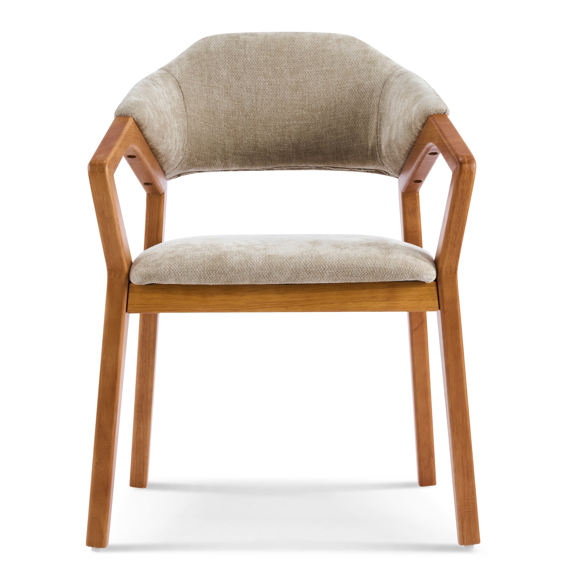 Taupo light oak chenille upholstered dining chair straight front view on white background