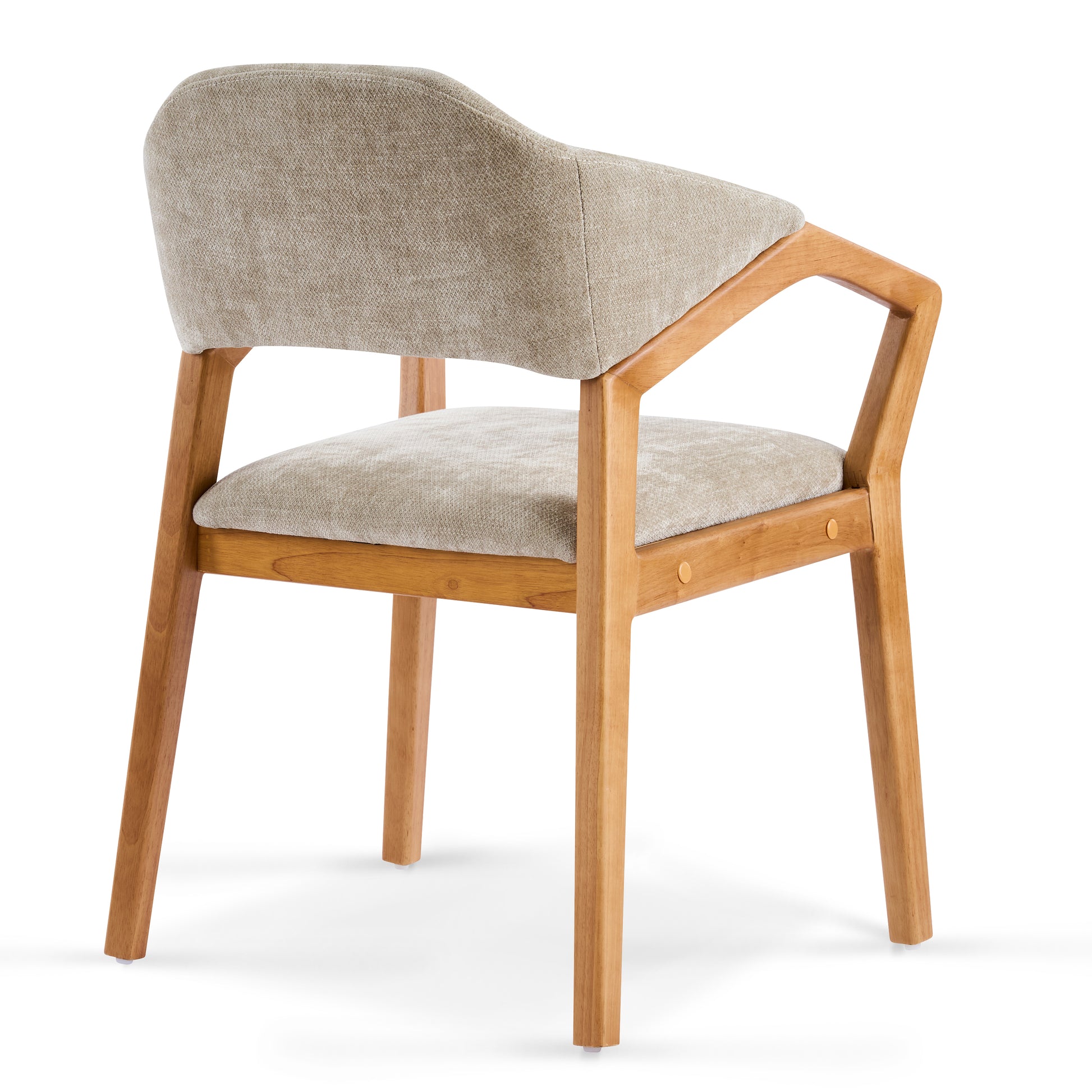 Taupo light oak upholstered dining chair rear angled view with wood frame on white background
