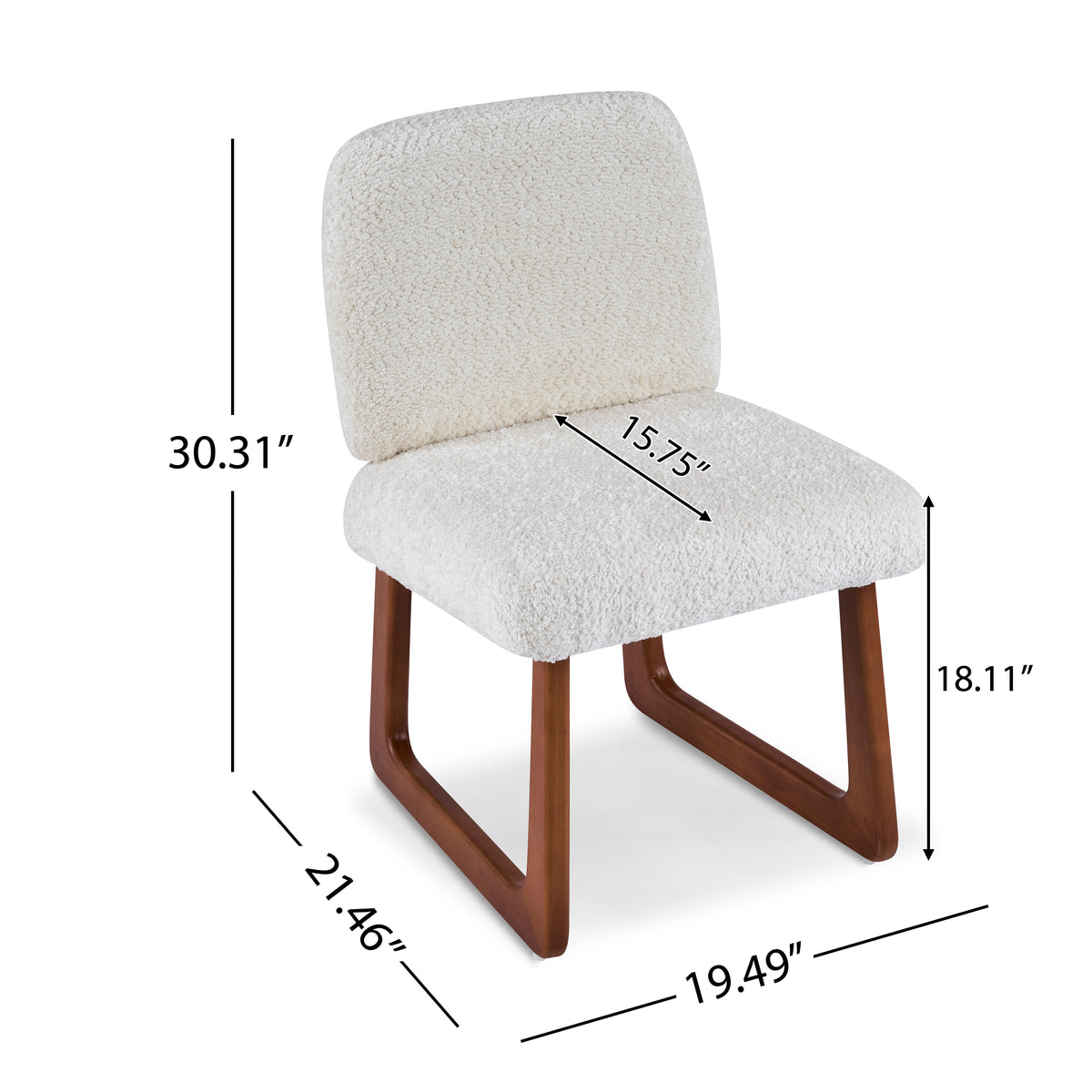 Tekapo white boucle upholstered armless dining chair showing product dimensions with wood sled base