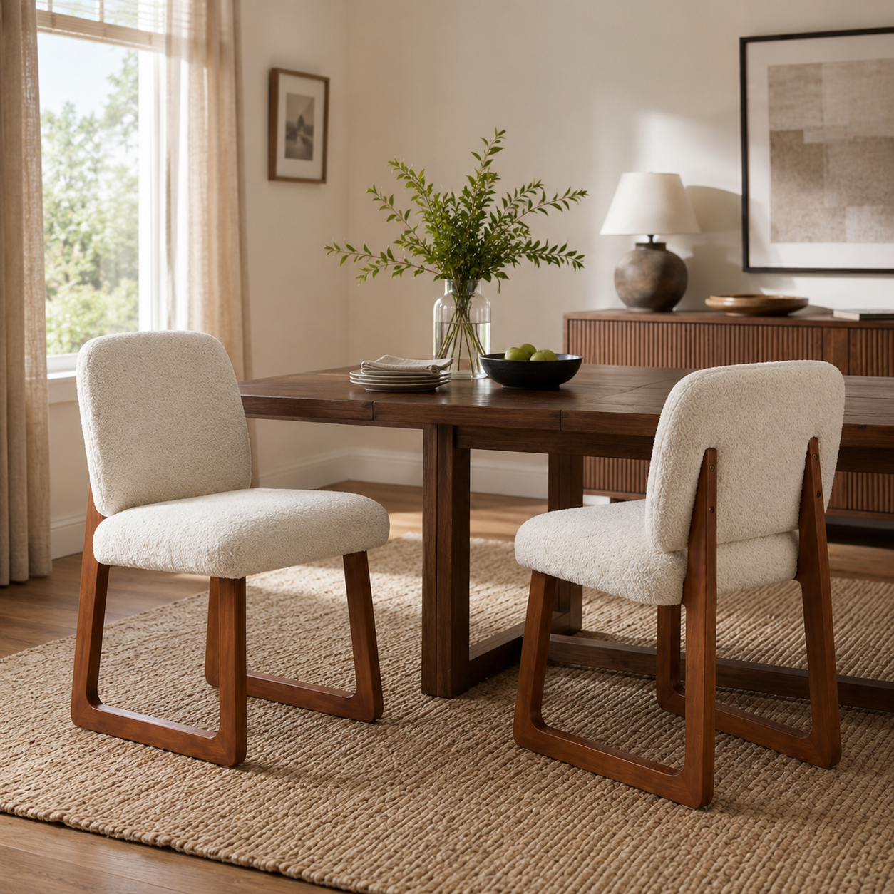 Tekapo white boucle upholstered armless dining chairs with wood sled bases beside a rectangular wood dining table