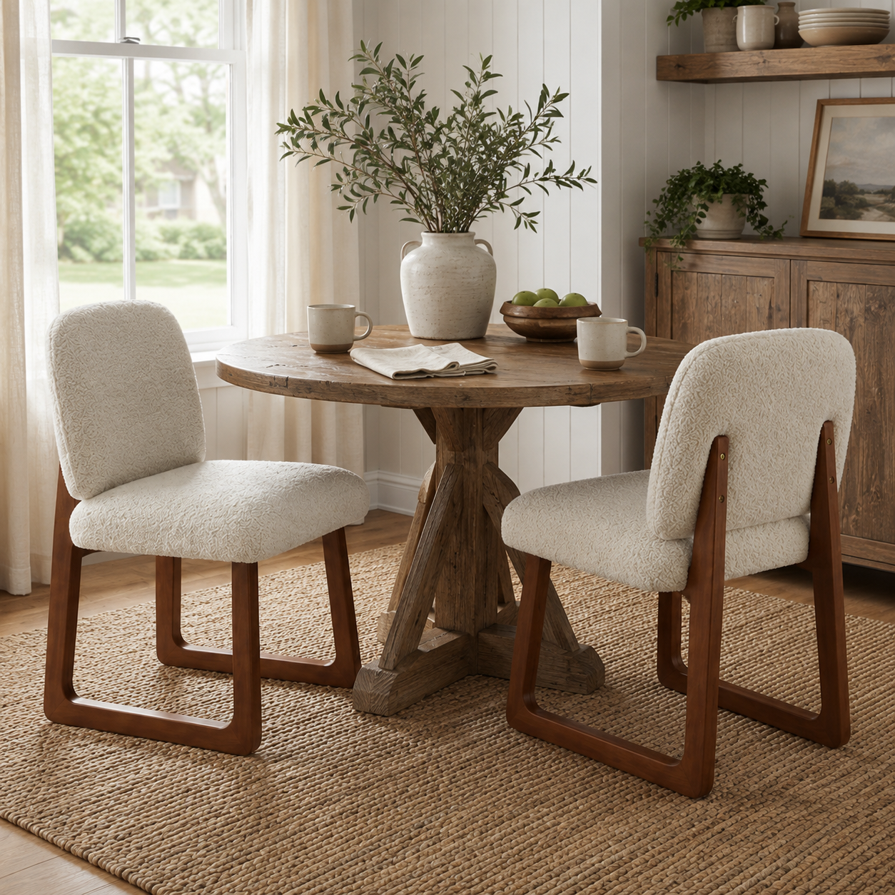 Tekapo white boucle dining chairs in a bright dining room with a dark wood table and neutral decor