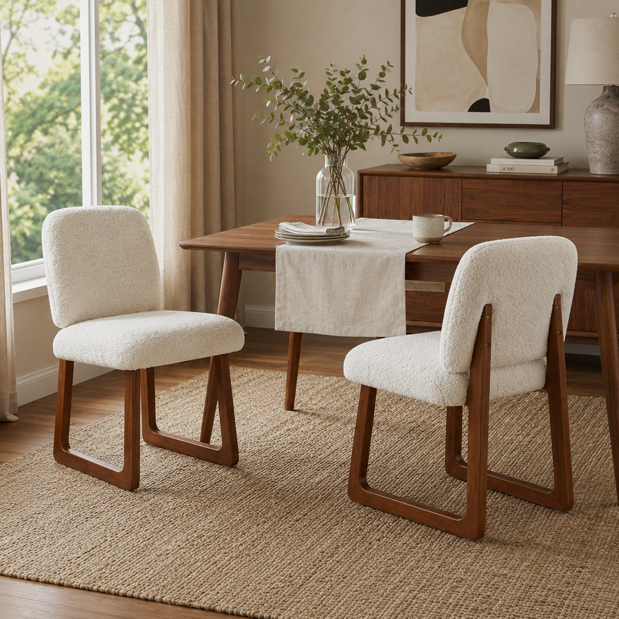 Tekapo white armless dining chairs beside a wood dining table in a warm contemporary dining space