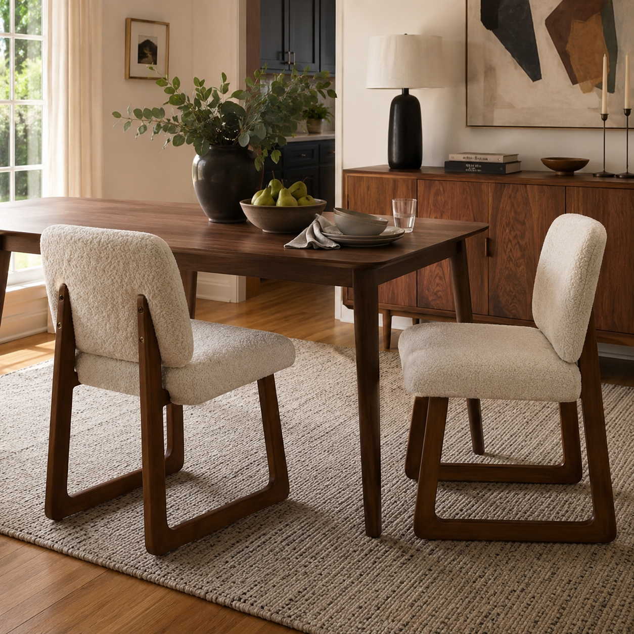 Tekapo white boucle dining chairs around a wood table in a cozy dining room with natural light