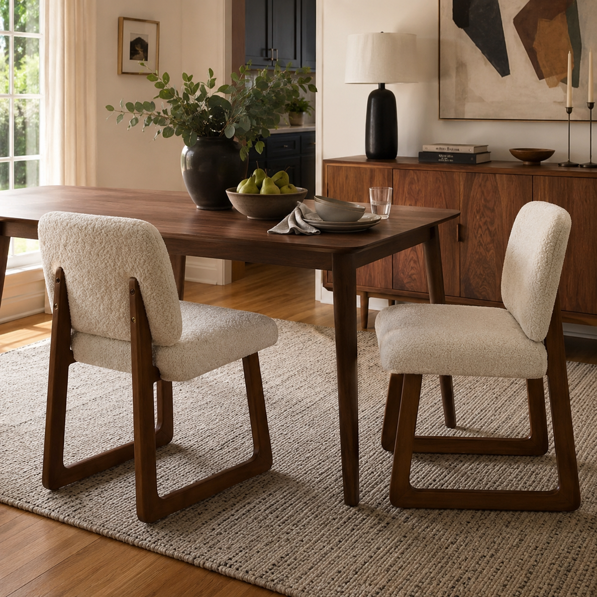 Tekapo white boucle dining chairs around a wood table in a cozy dining room with natural light