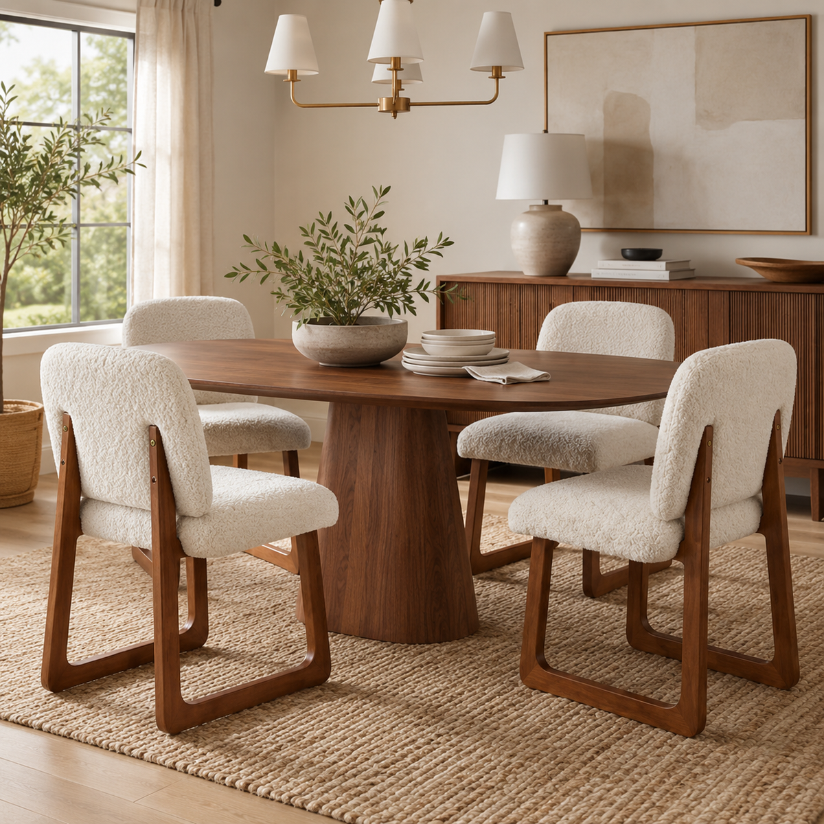 Tekapo white upholstered dining chairs in a sunlit dining area with warm wood furniture