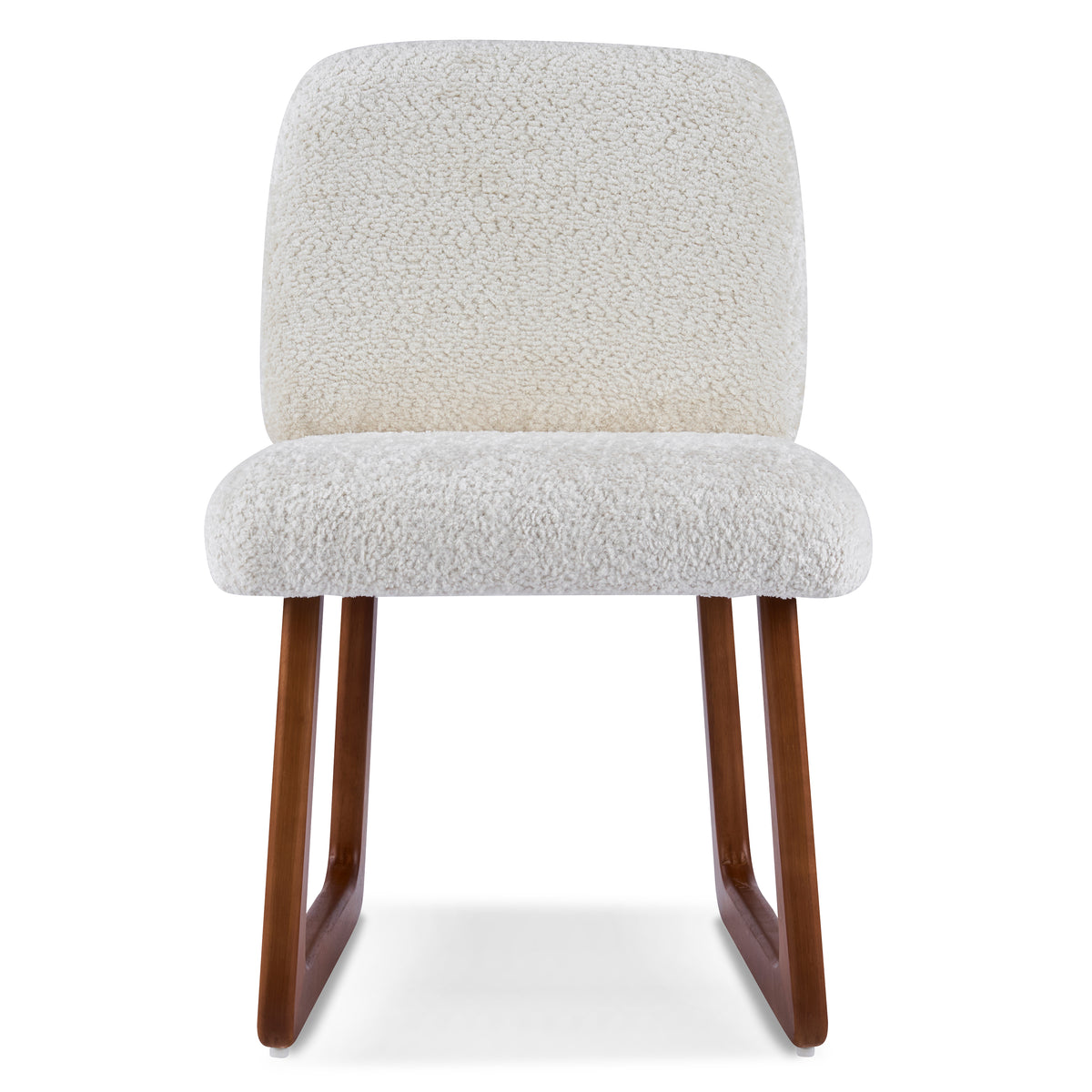 Tekapo white boucle upholstered armless dining chair straight front view on white background
