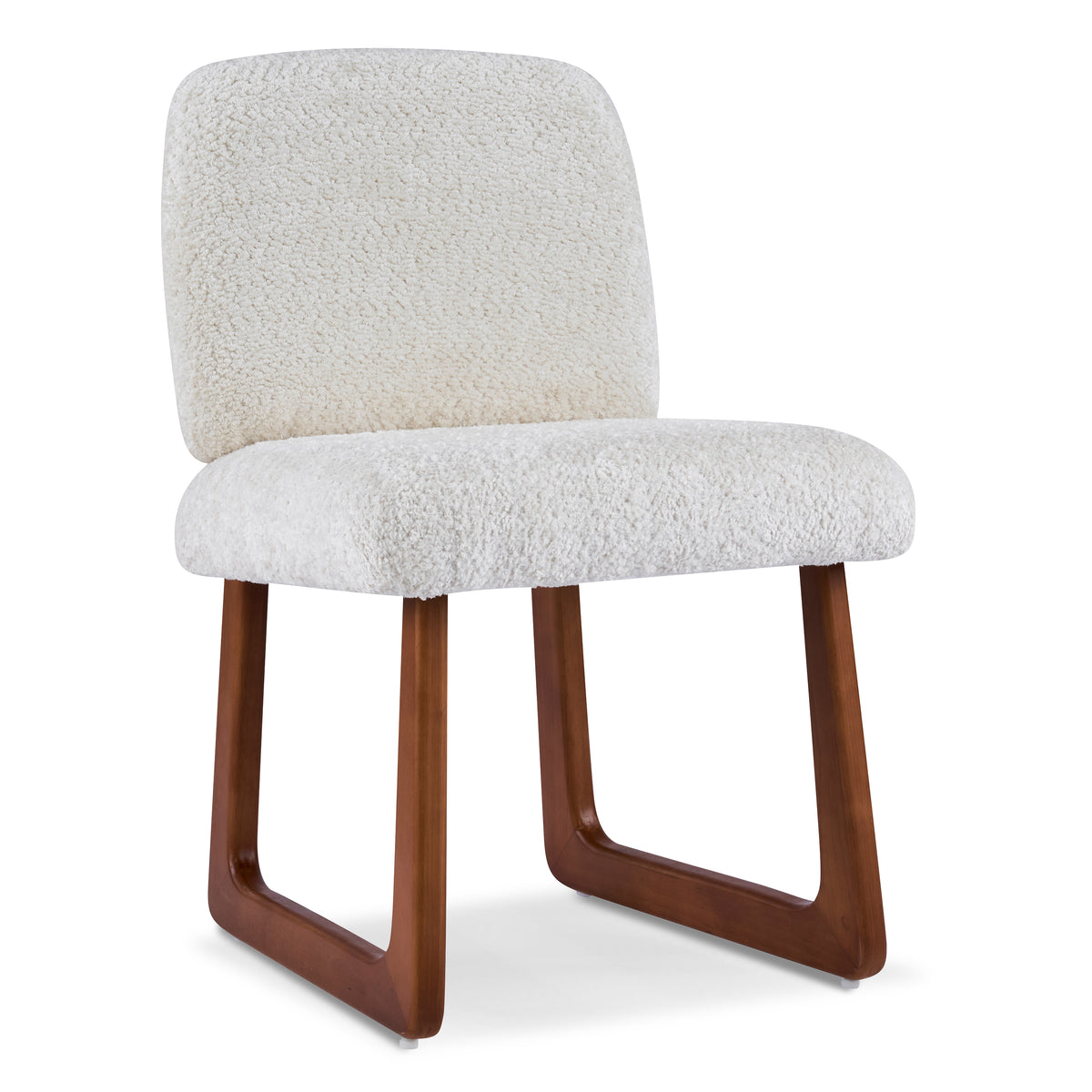 Tekapo white dining chair front angled view with wood sled base on white background