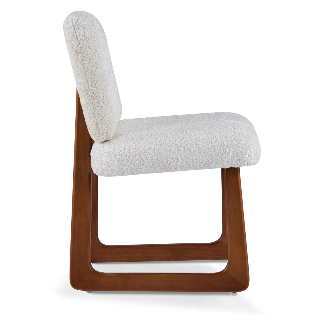 Tekapo white armless dining chair side view with wood sled base on white background