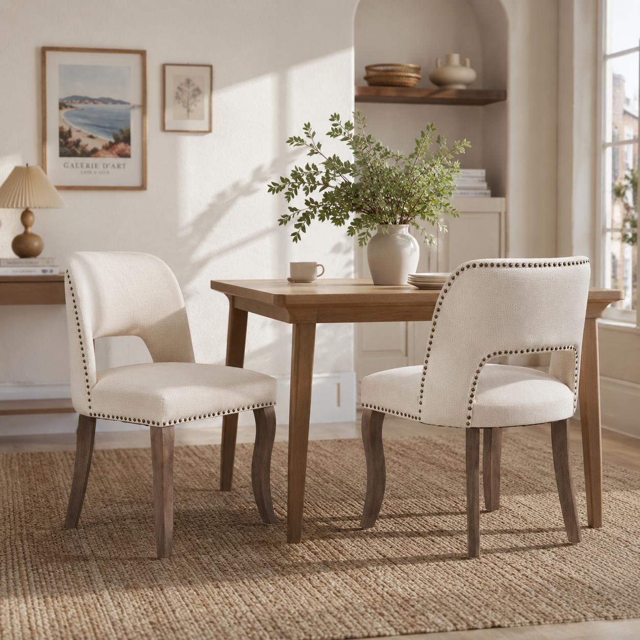 Tiberis beige dining chairs showing a pair around a round wood table in a bright dining room