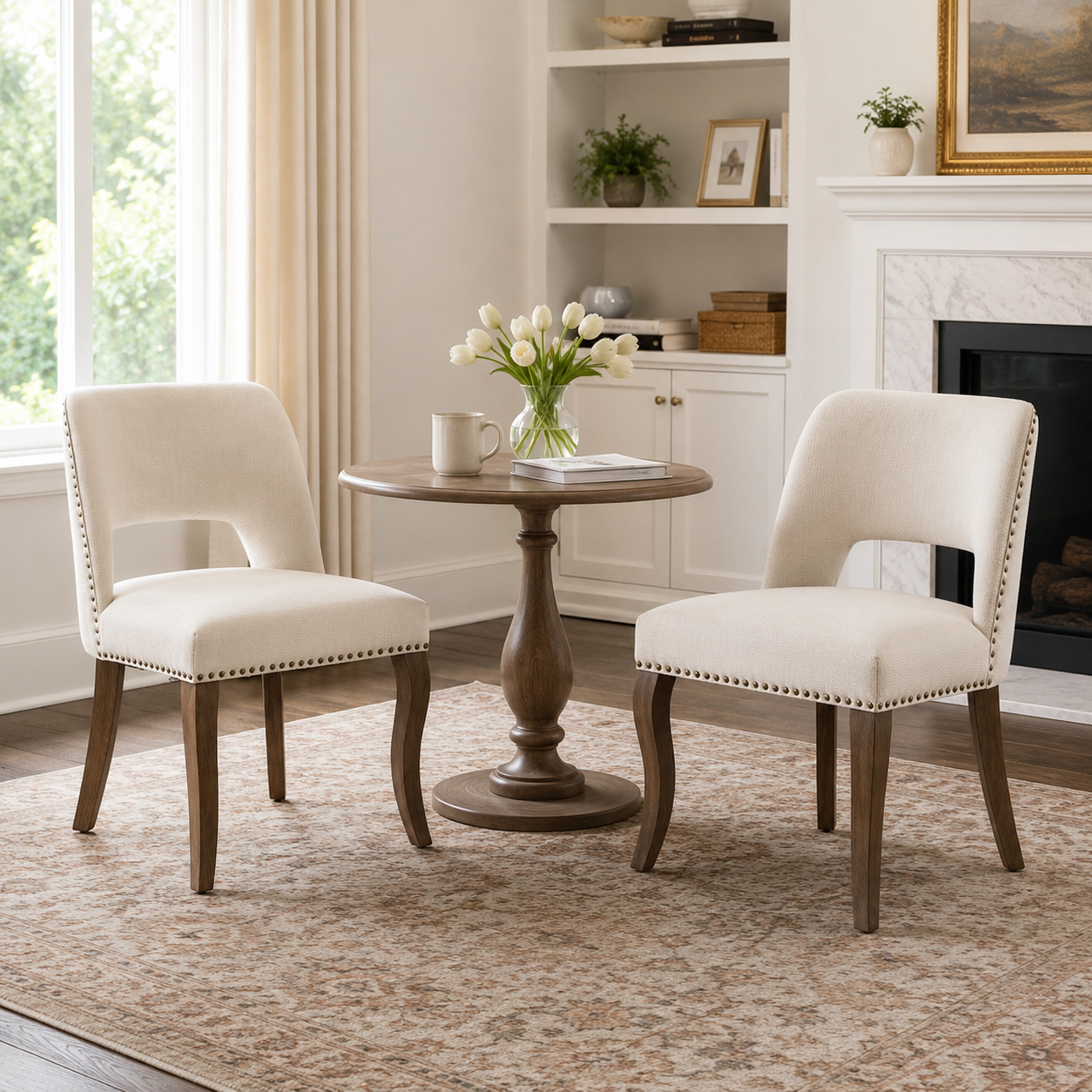 Tiberis beige dining chairs showing a pair beside a round table with shelving and a fireplace