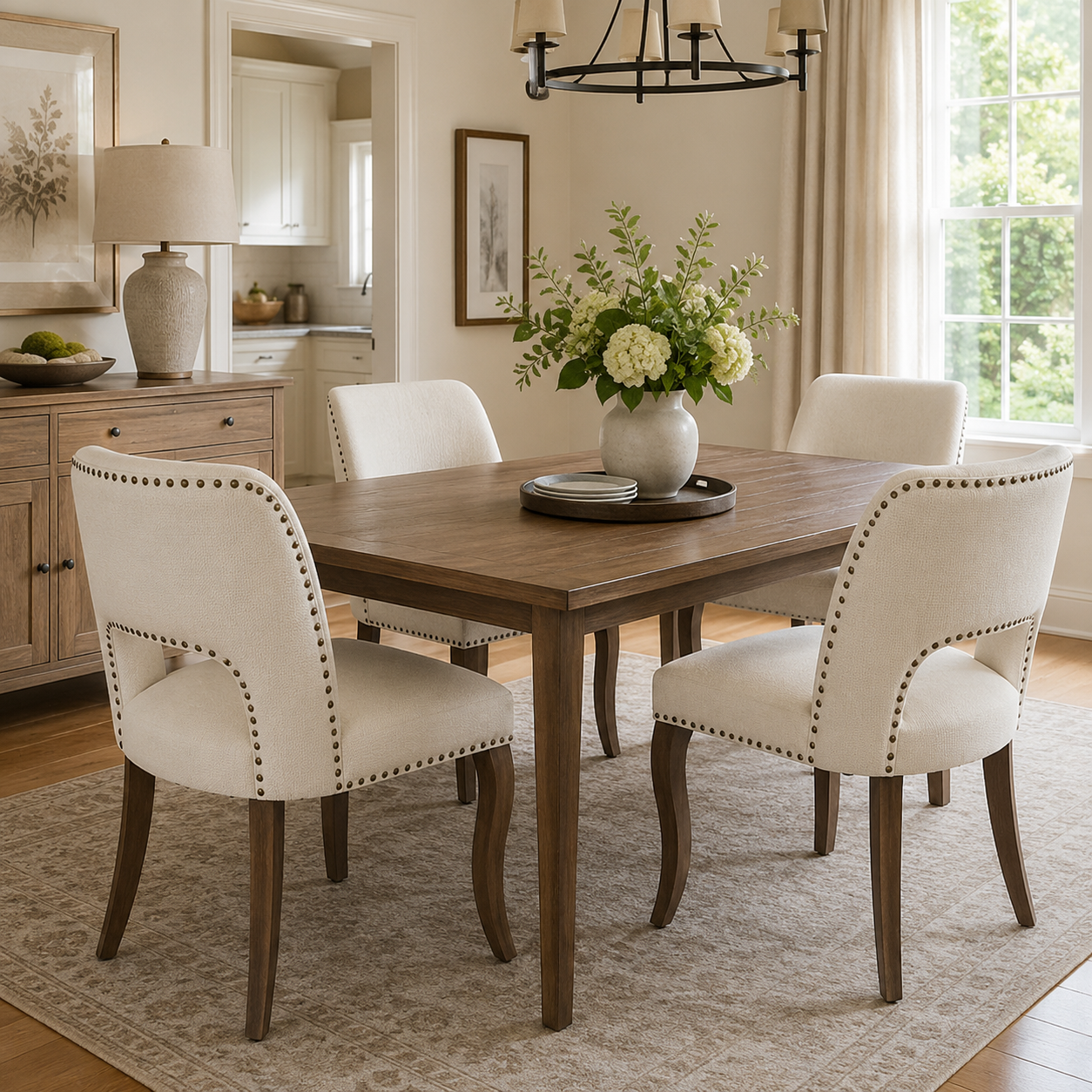 Tiberis beige dining chairs showing four chairs around a rectangular wood dining table