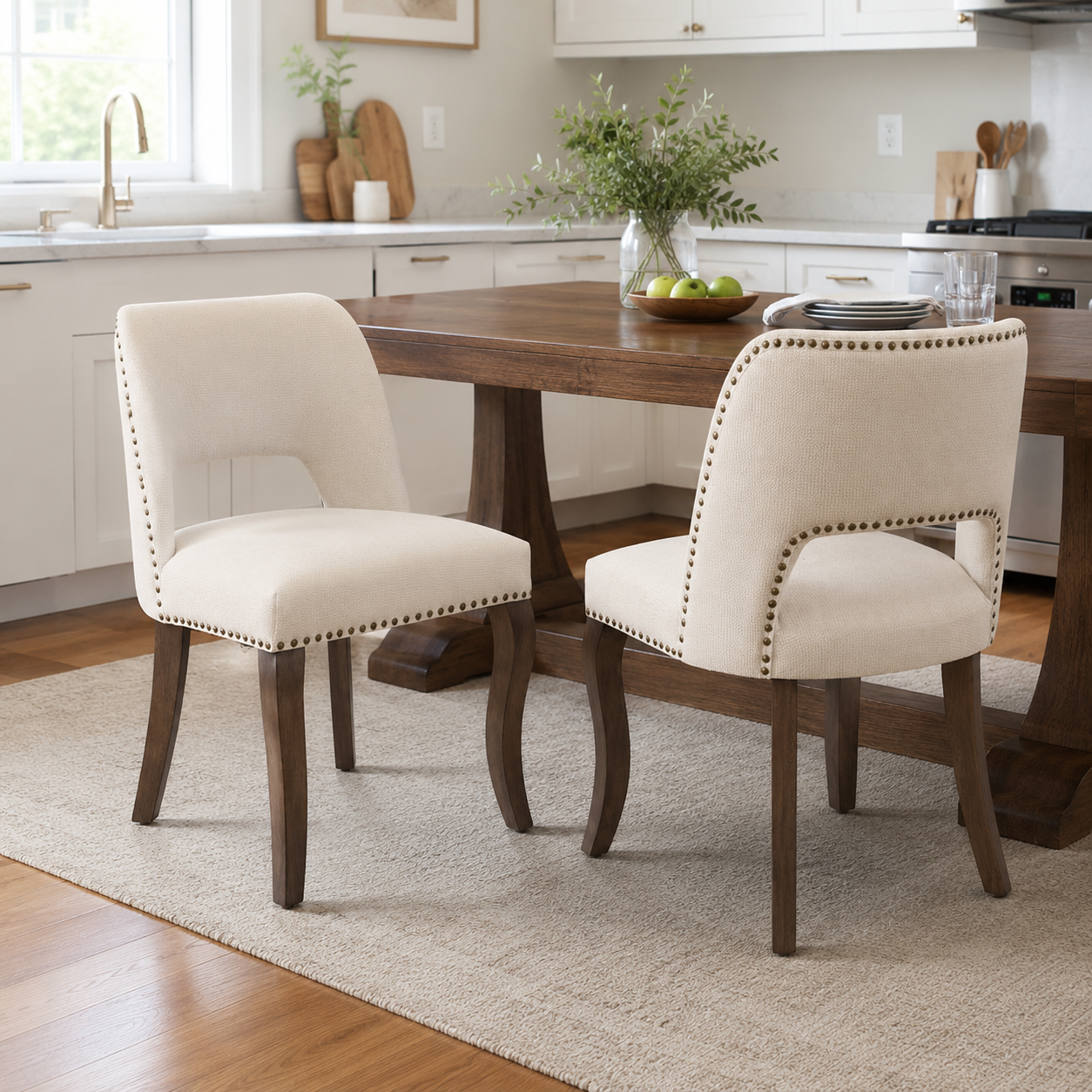 Tiberis beige dining chairs showing a pair at a wood table in an open kitchen dining area