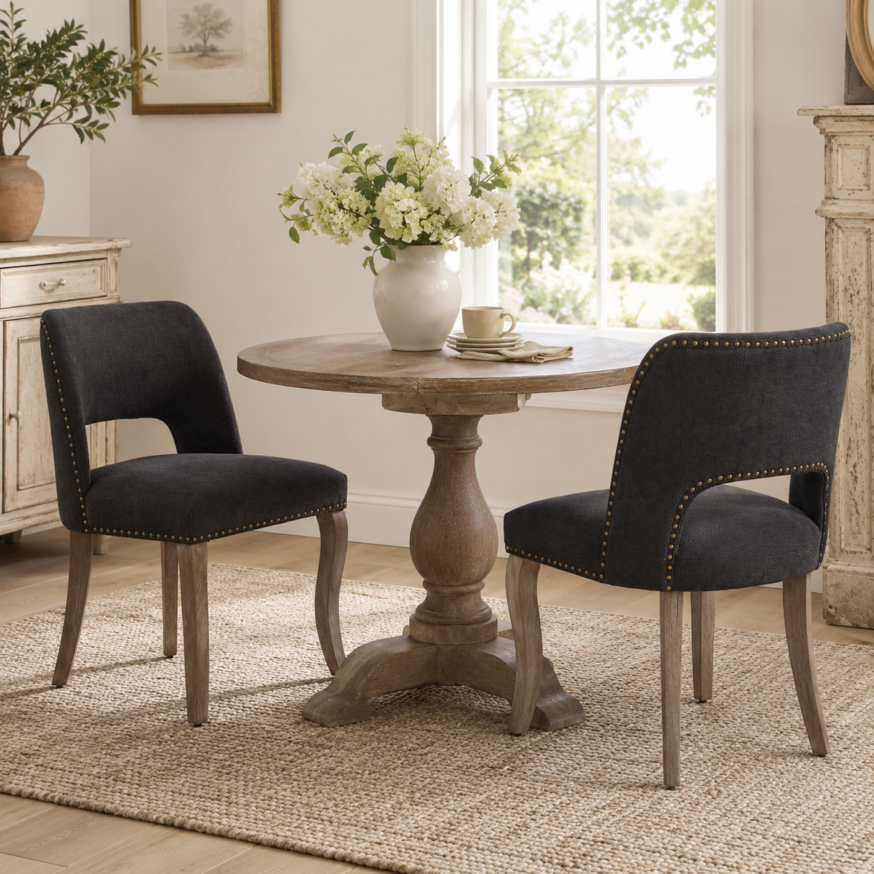 Tiberis black dining chairs showing a pair around a round pedestal table near large windows