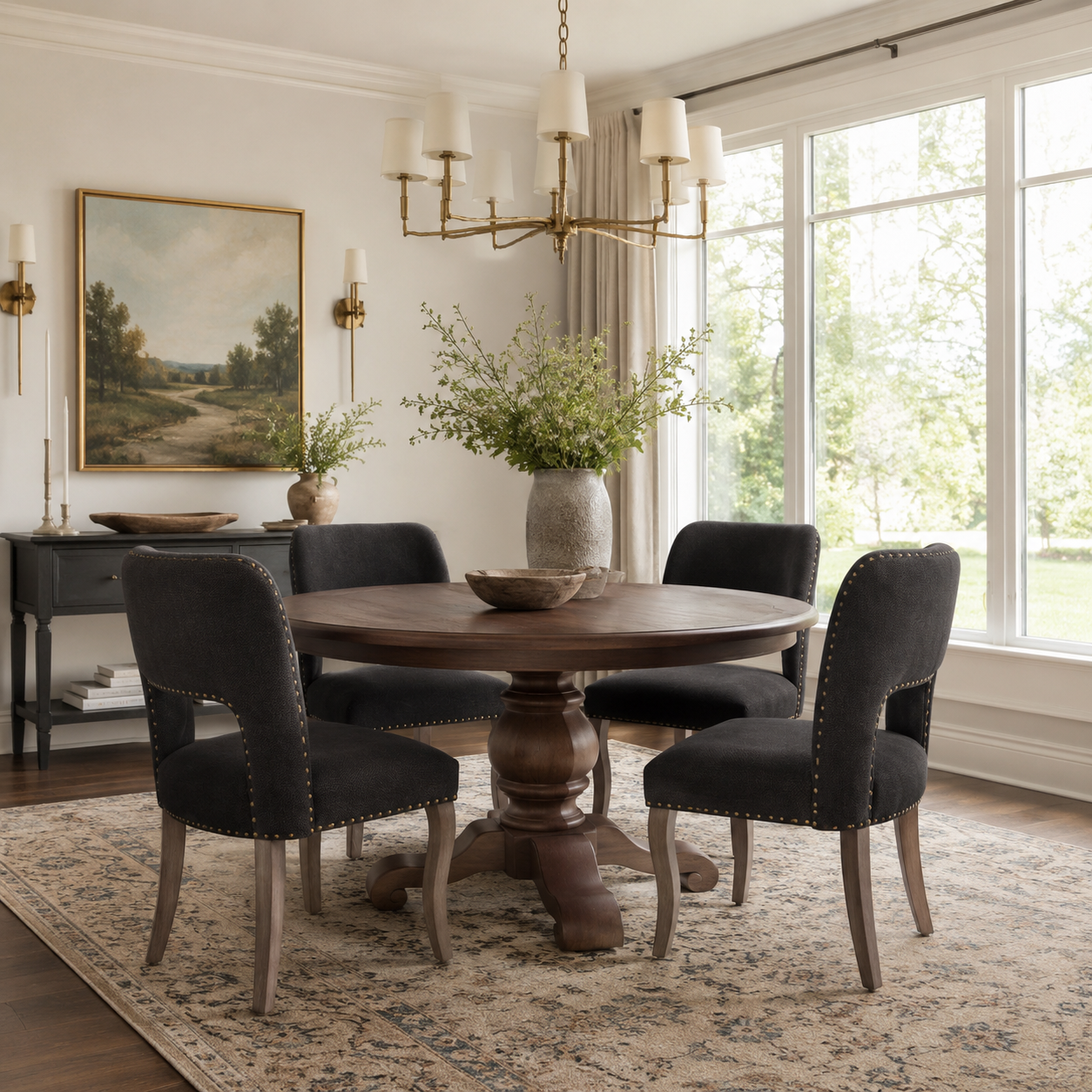 Tiberis black dining chairs showing multiple chairs around a table near large arched windows