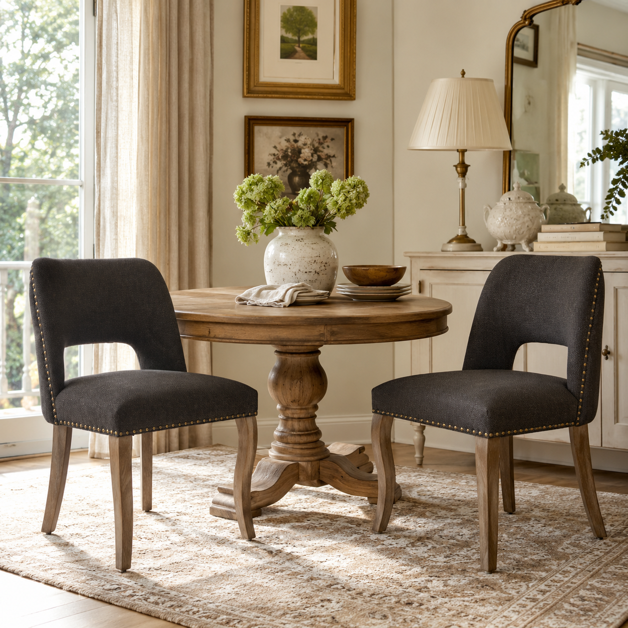 Tiberis black dining chairs showing a pair around a round pedestal table with framed artwork