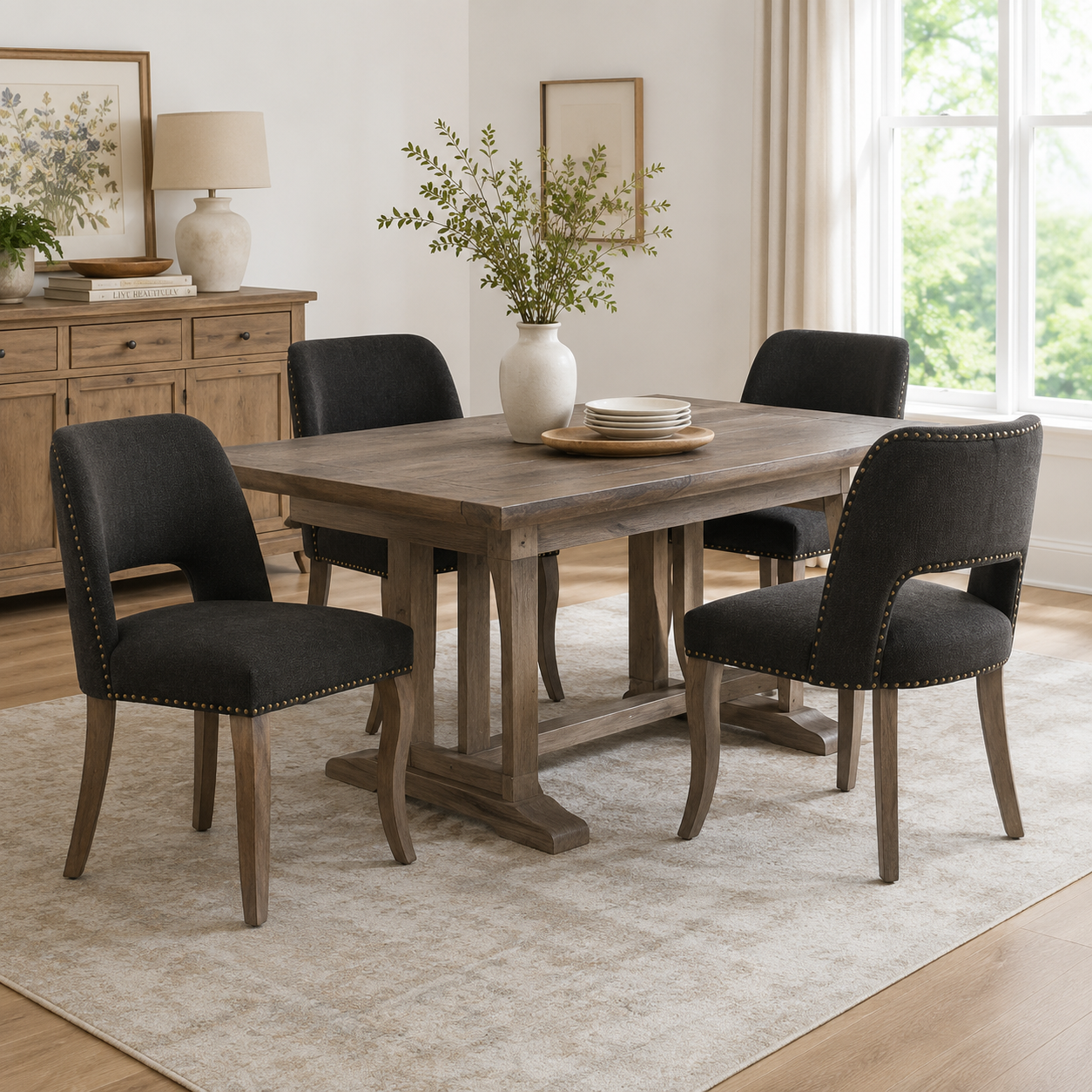 Tiberis black dining chairs showing four chairs around a rectangular table in an open room