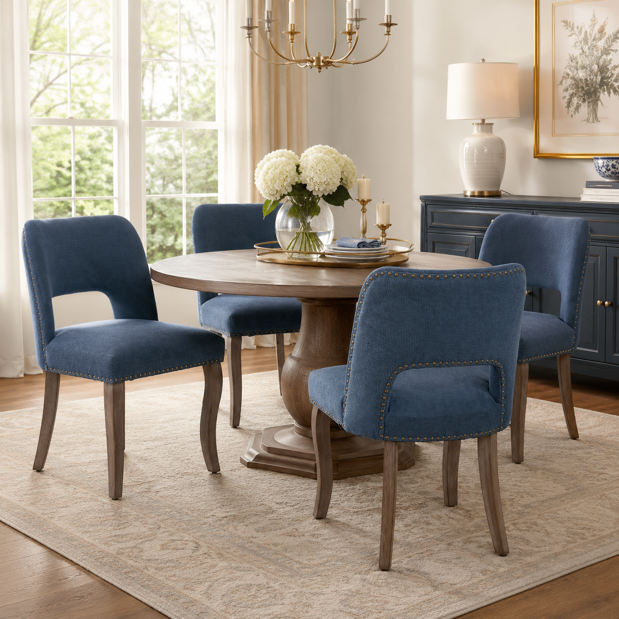 Tiberis blue dining chairs showing four chairs around a rectangular table in a bright dining room