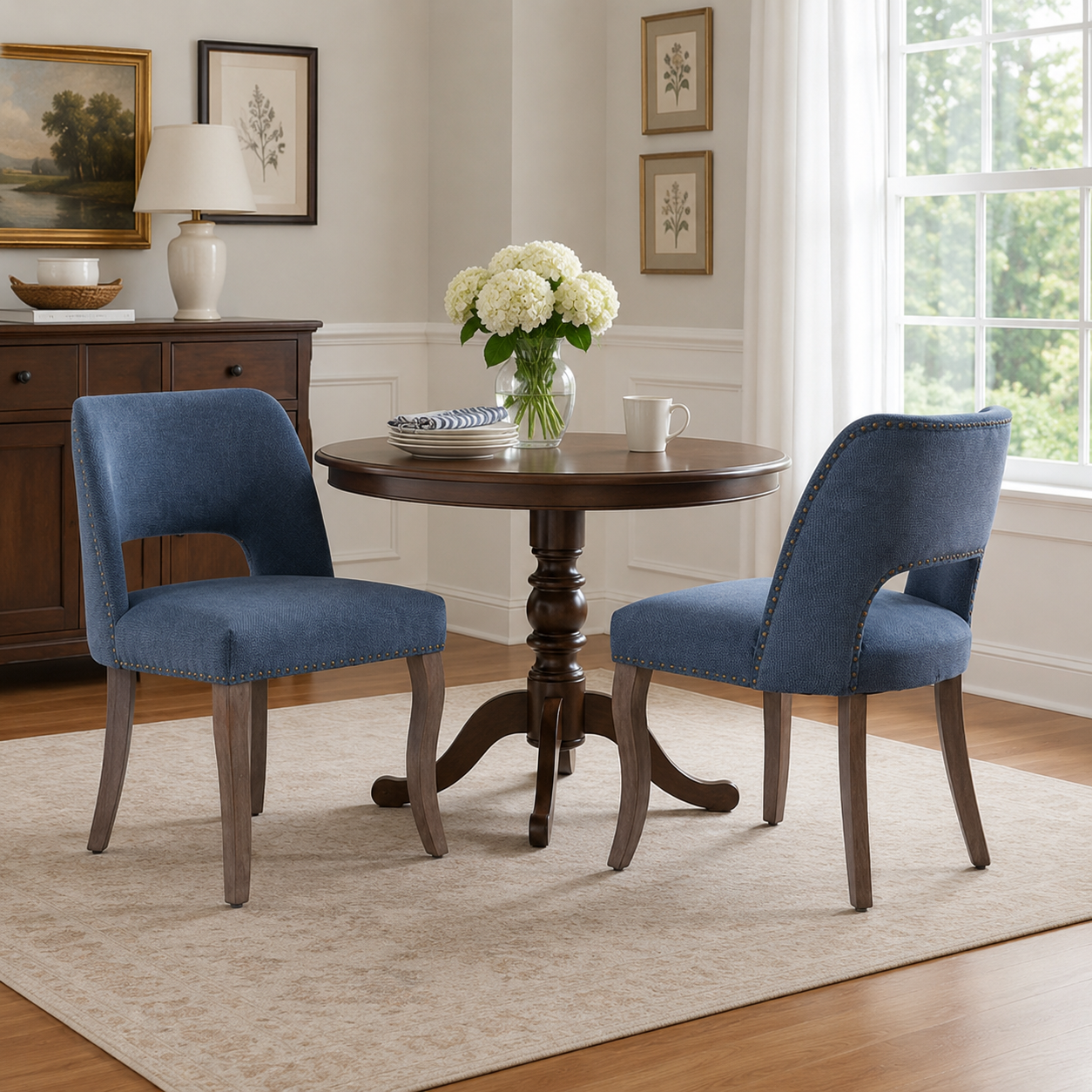 Tiberis blue dining chairs showing a pair beside a round pedestal table with framed wall art