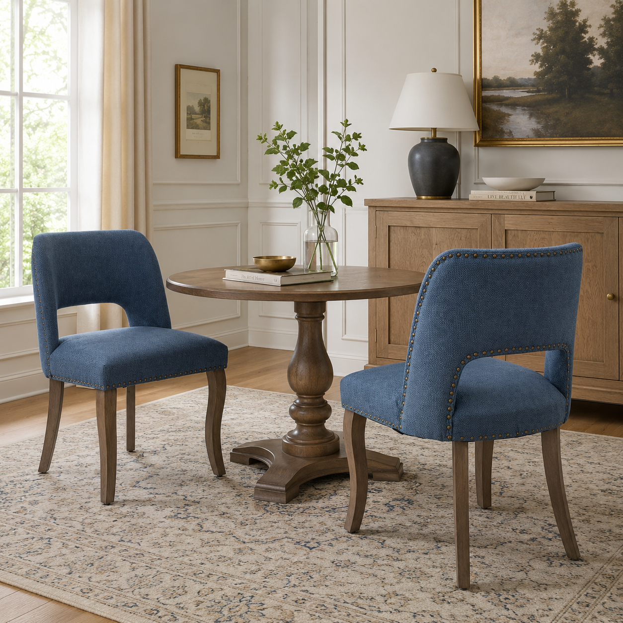 Tiberis blue dining chairs showing a pair around a round pedestal table near a wood sideboard