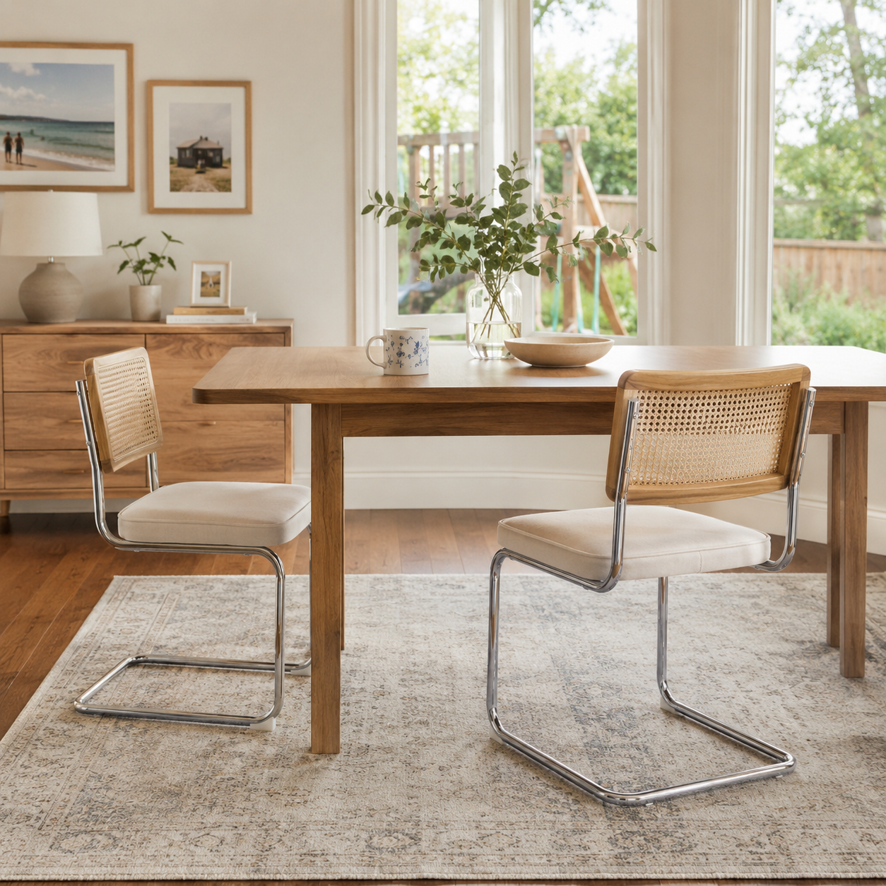 Tigris beige velvet cantilever dining chairs with handwoven cane backs around a round dining table