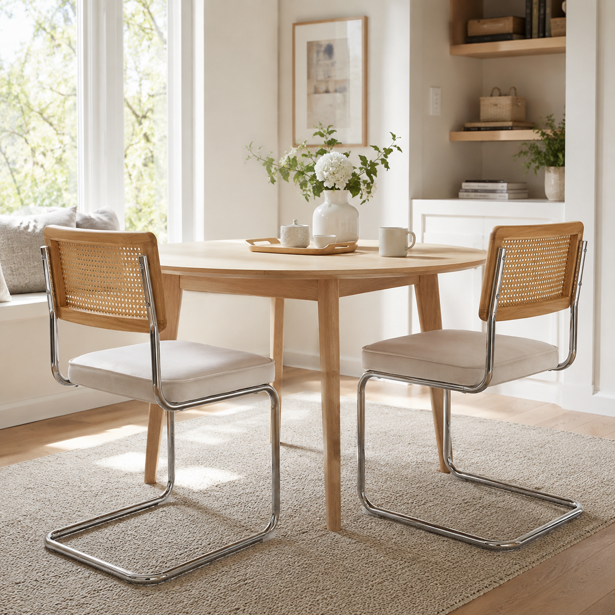 Tigris beige velvet dining chairs in a bright dining room with natural wood tones