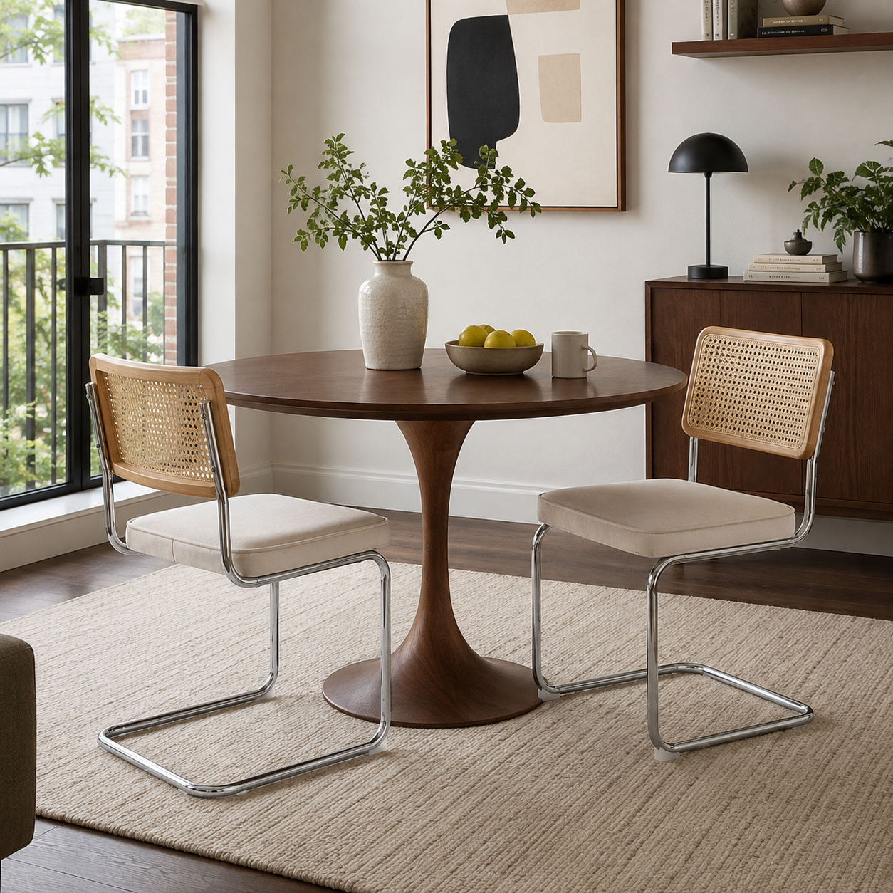 Tigris beige cantilever dining chairs beside a wood table in a warm minimalist dining space