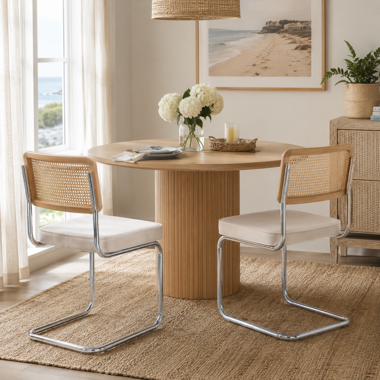 Tigris beige dining chairs with cane backs in a sunlit dining room