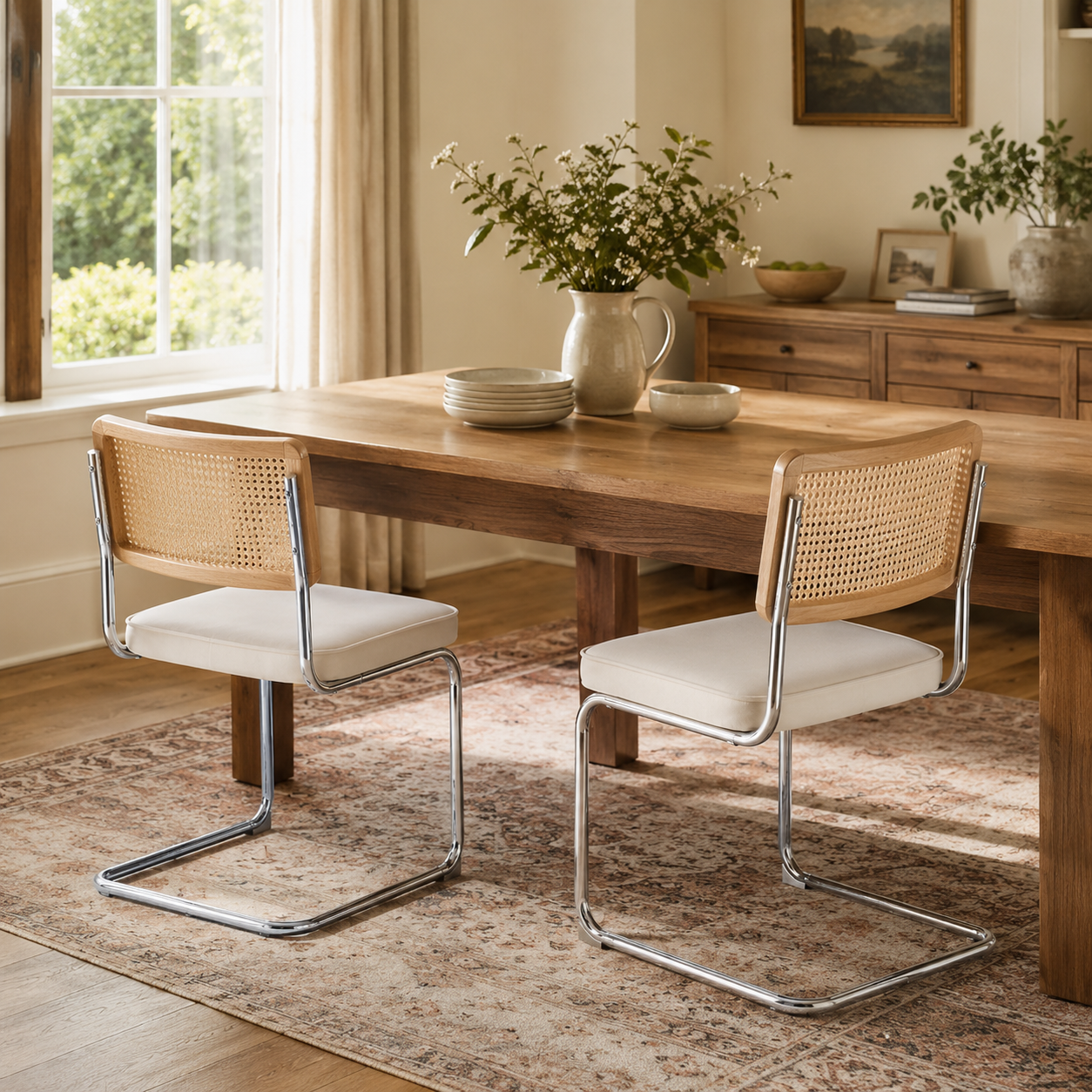 Tigris beige dining chairs with cane backs in a sunlit dining room