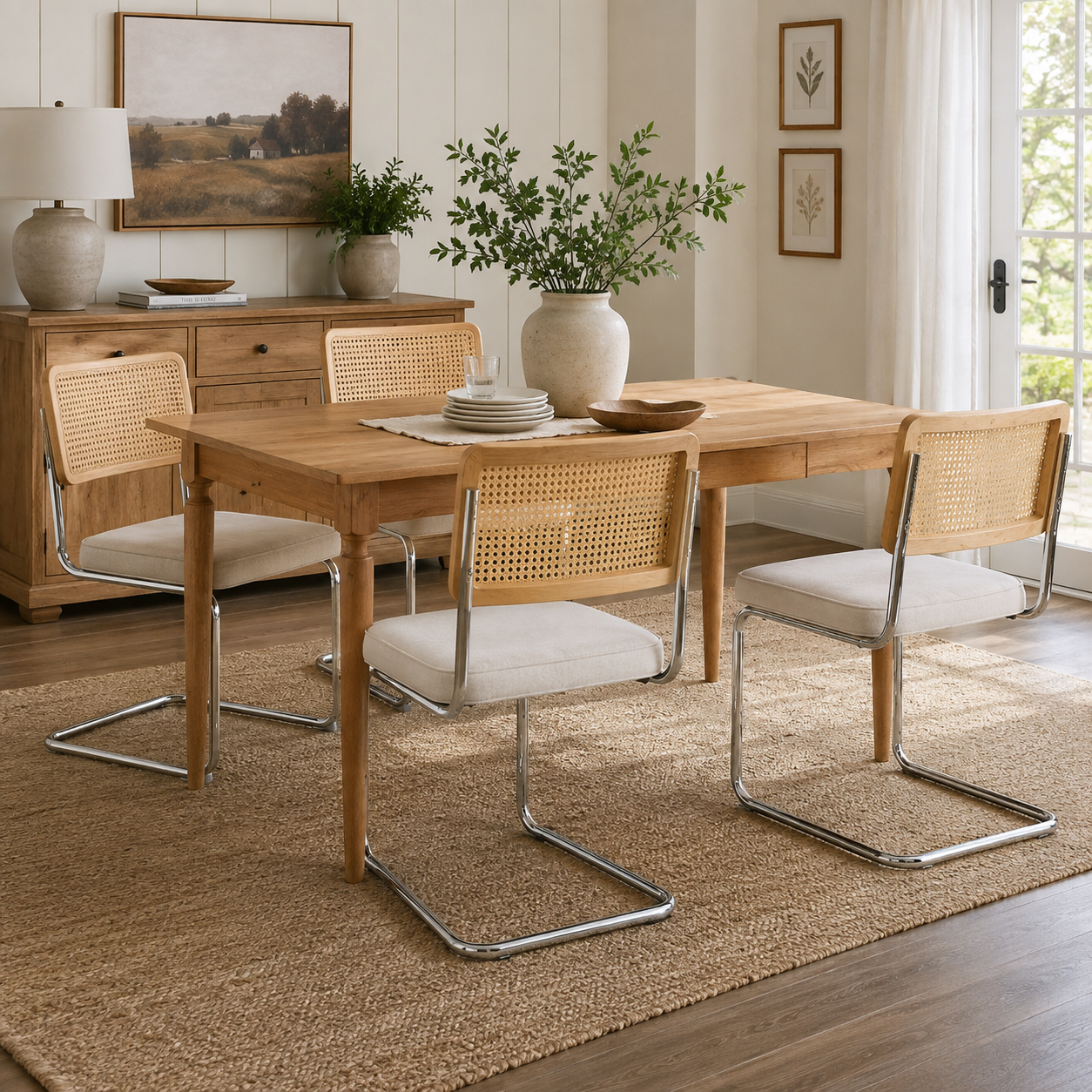 Tigris beige dining chairs with cane backs in a sunlit dining room