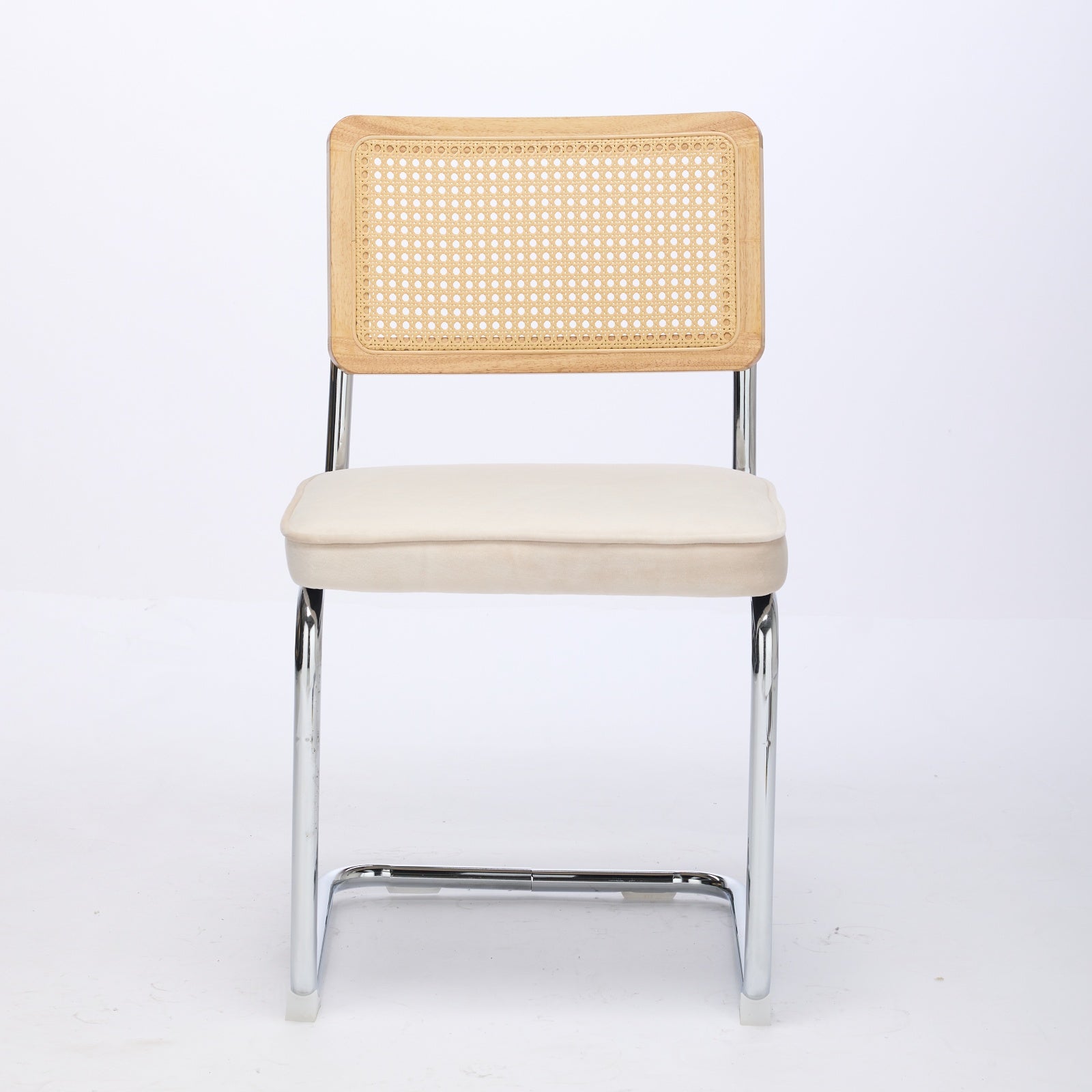 Tigris beige velvet cantilever dining chair straight front view on white background