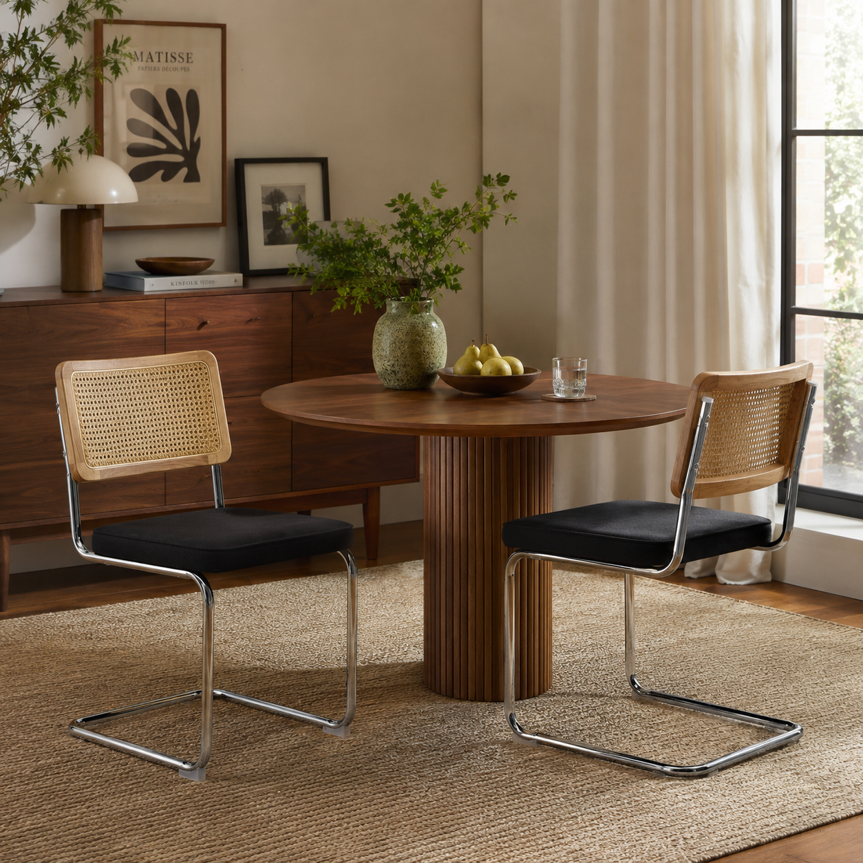Tigris black velvet cantilever dining chairs with handwoven cane backs around a round dining table