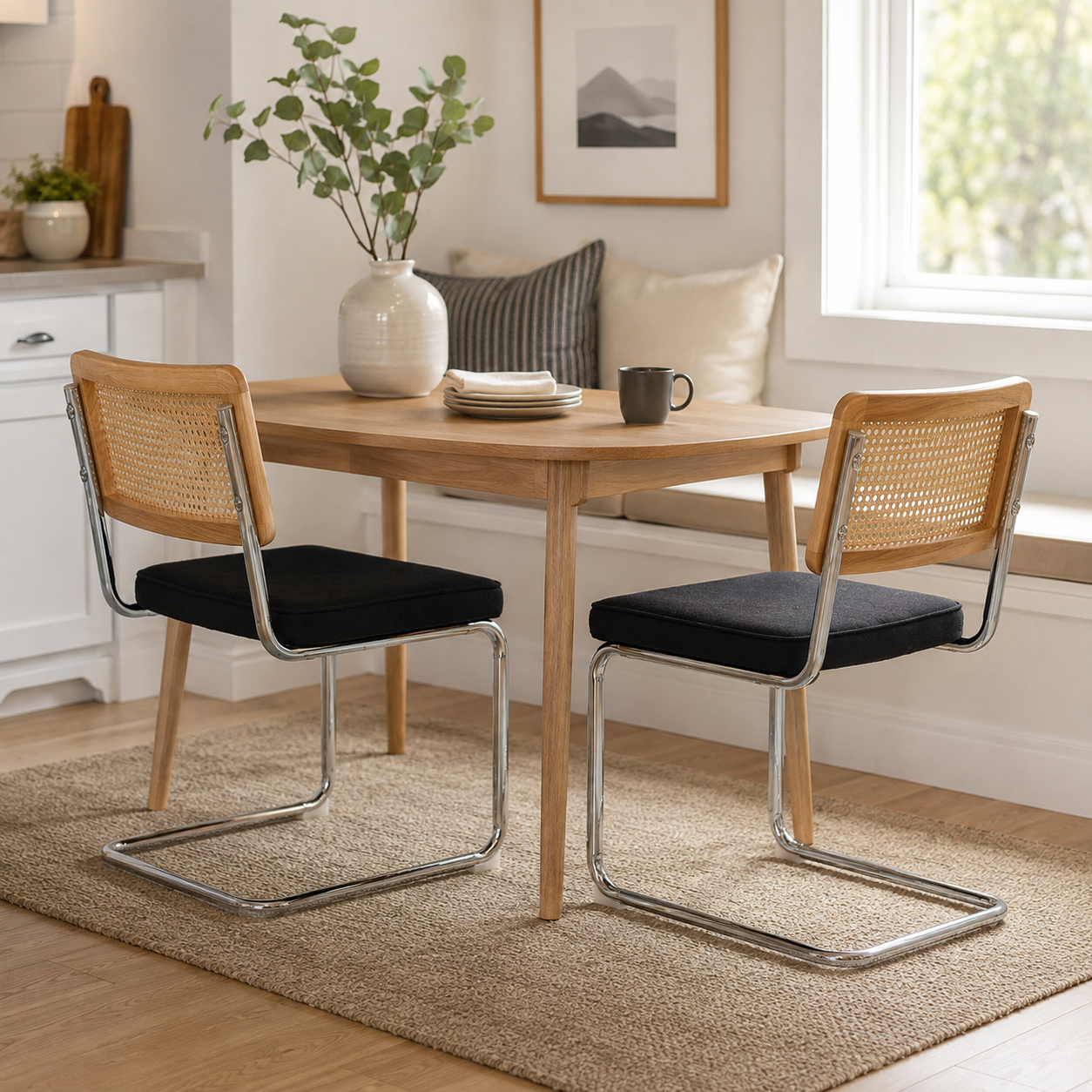 Tigris black velvet dining chairs in a bright dining room with natural wood furniture