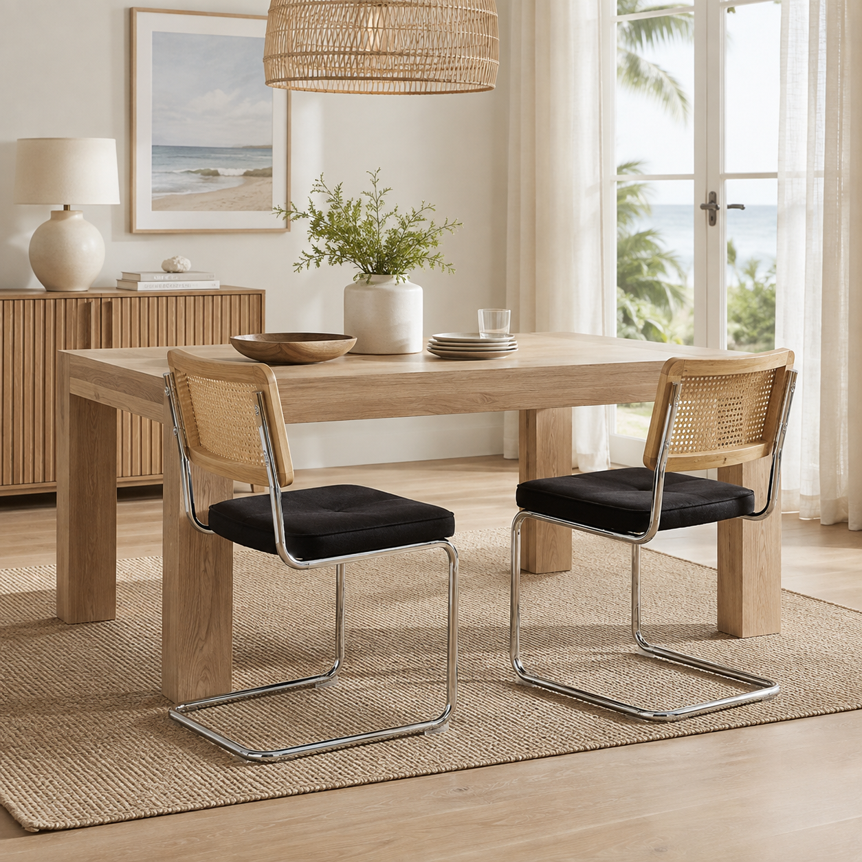 Tigris black cantilever dining chairs beside a wood pedestal table in a contemporary dining space