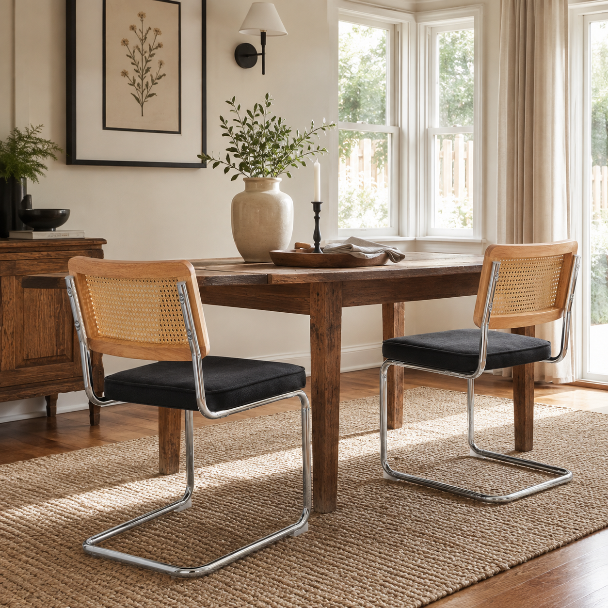 Tigris black dining chairs with woven cane backs in a warm dining room