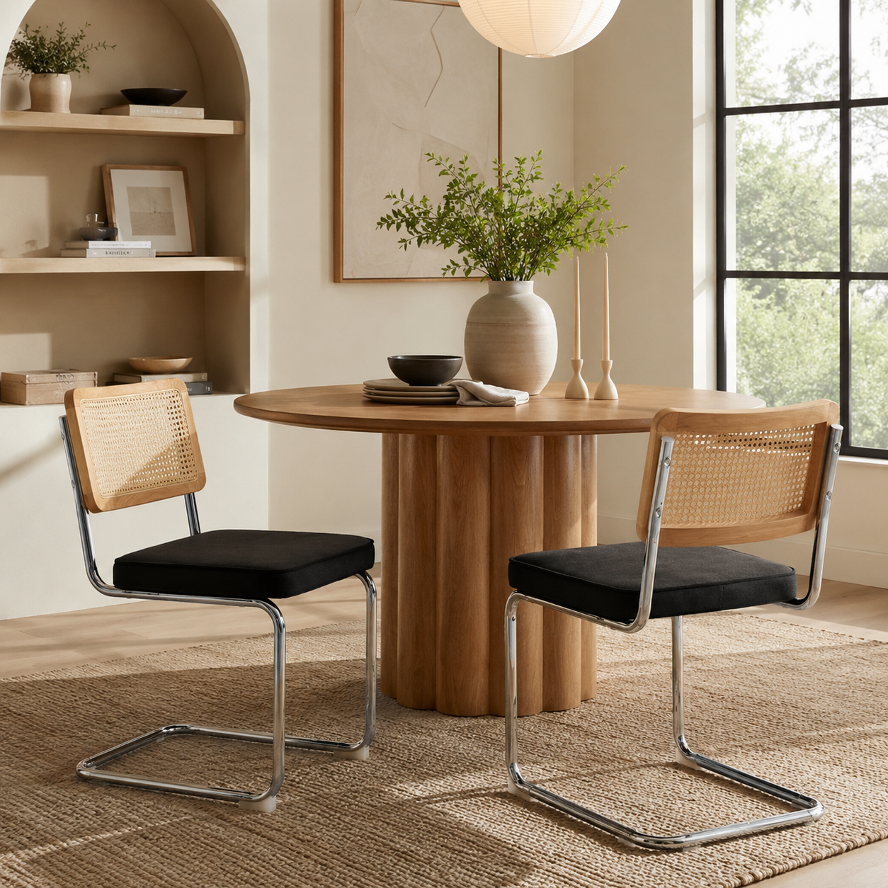 Tigris black dining chairs with woven cane backs in a warm dining room