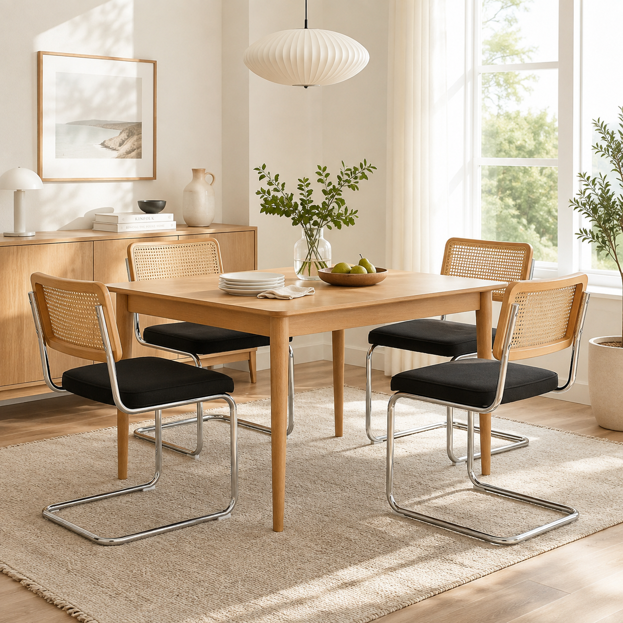 Tigris black dining chairs with woven cane backs in a warm dining room