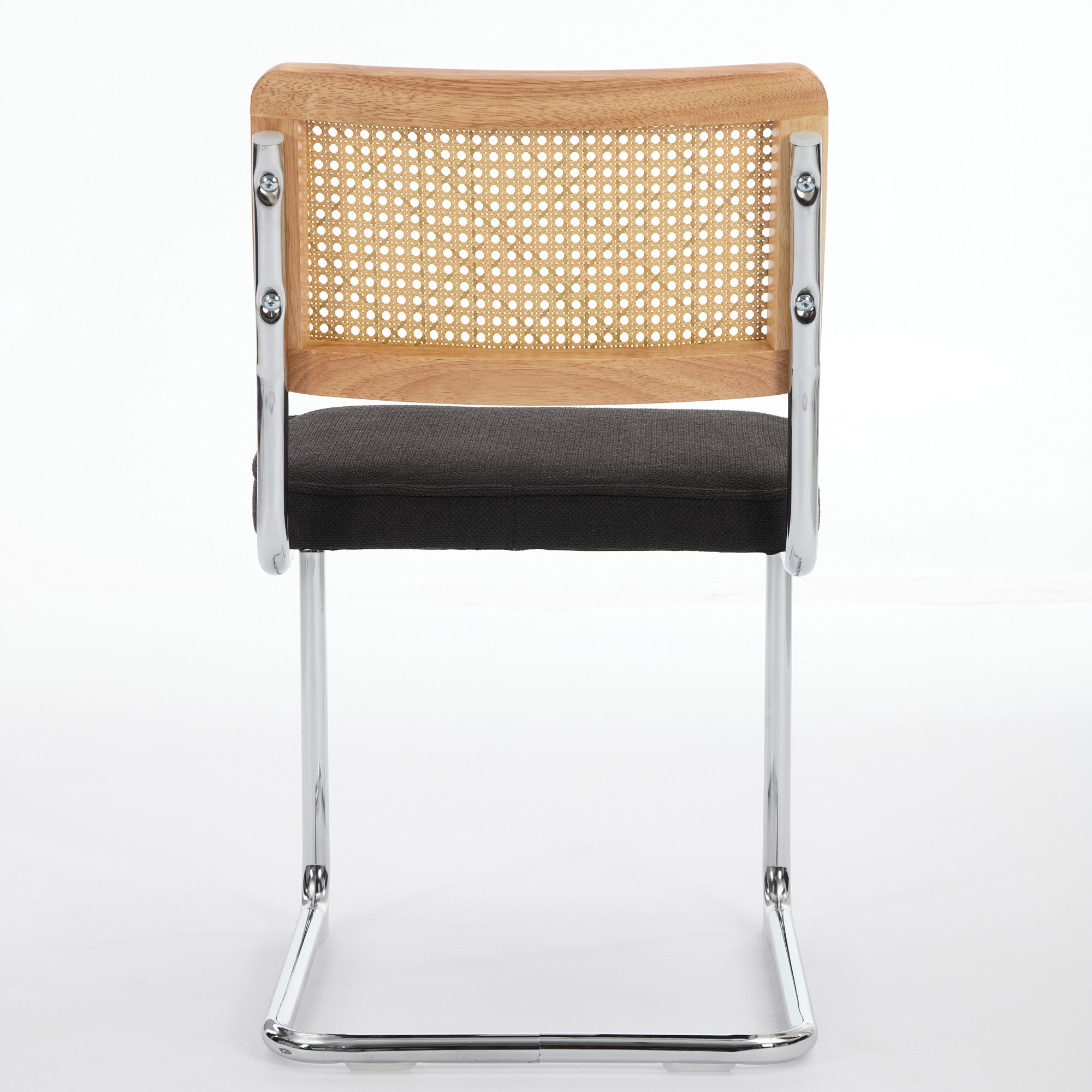 Tigris black dining chair rear view with handwoven cane backrest on white background