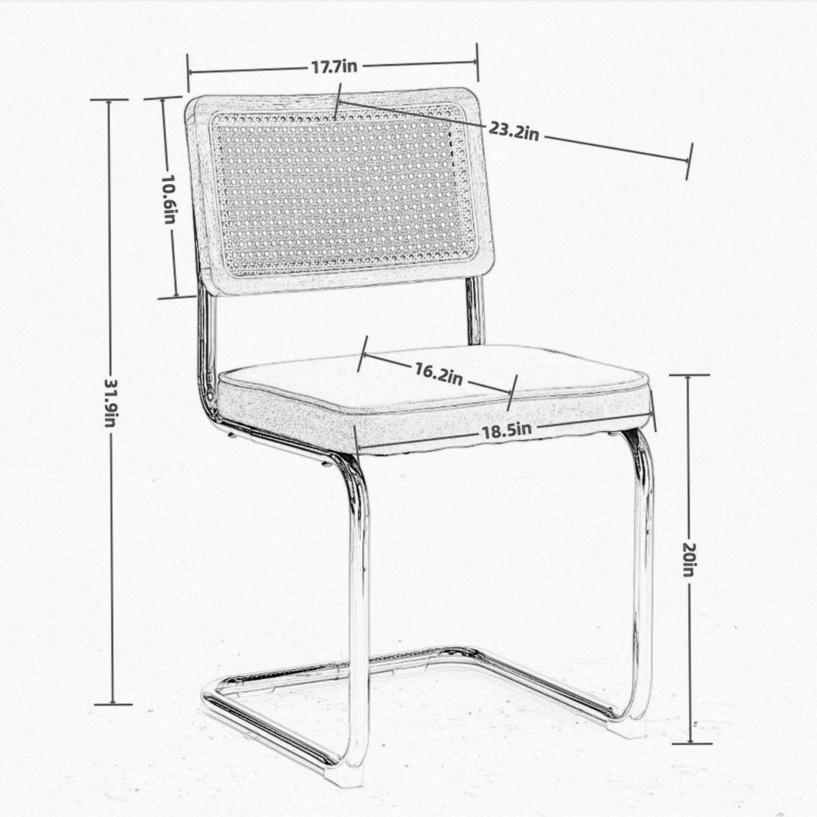 Tigris brown velvet cantilever dining chair showing product dimensions with handwoven cane back