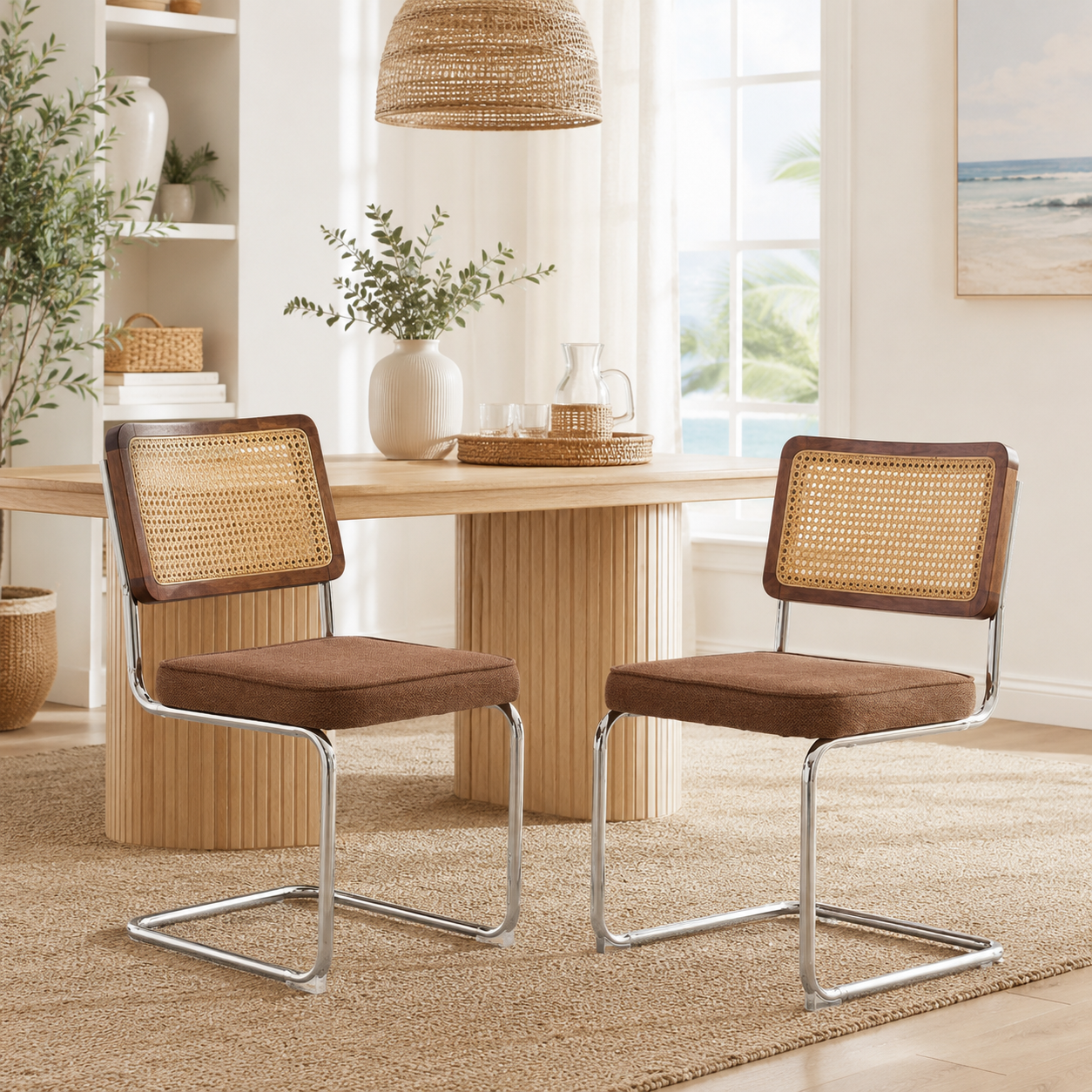 Tigris brown velvet cantilever dining chairs with handwoven cane backs around a round wood dining table