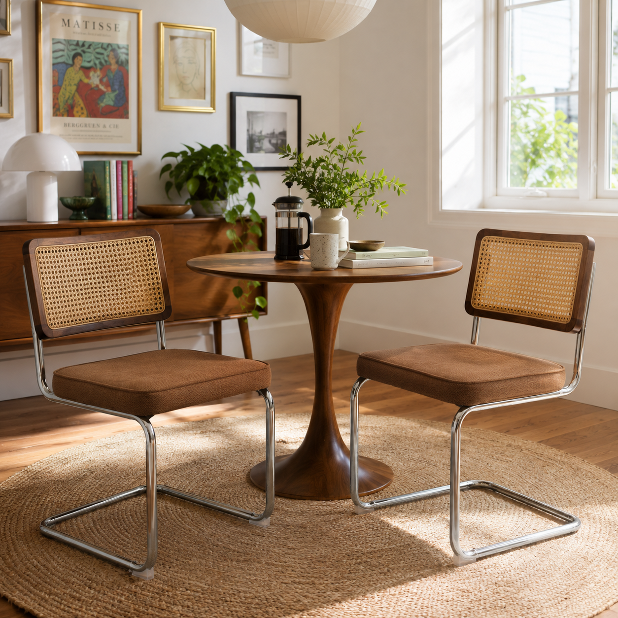 Tigris brown velvet dining chairs in a warm dining room with natural light and wood furniture