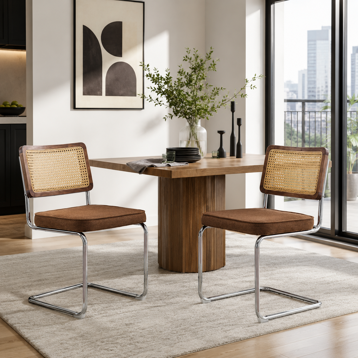 Tigris brown cantilever dining chairs beside a pedestal dining table in a cozy dining space