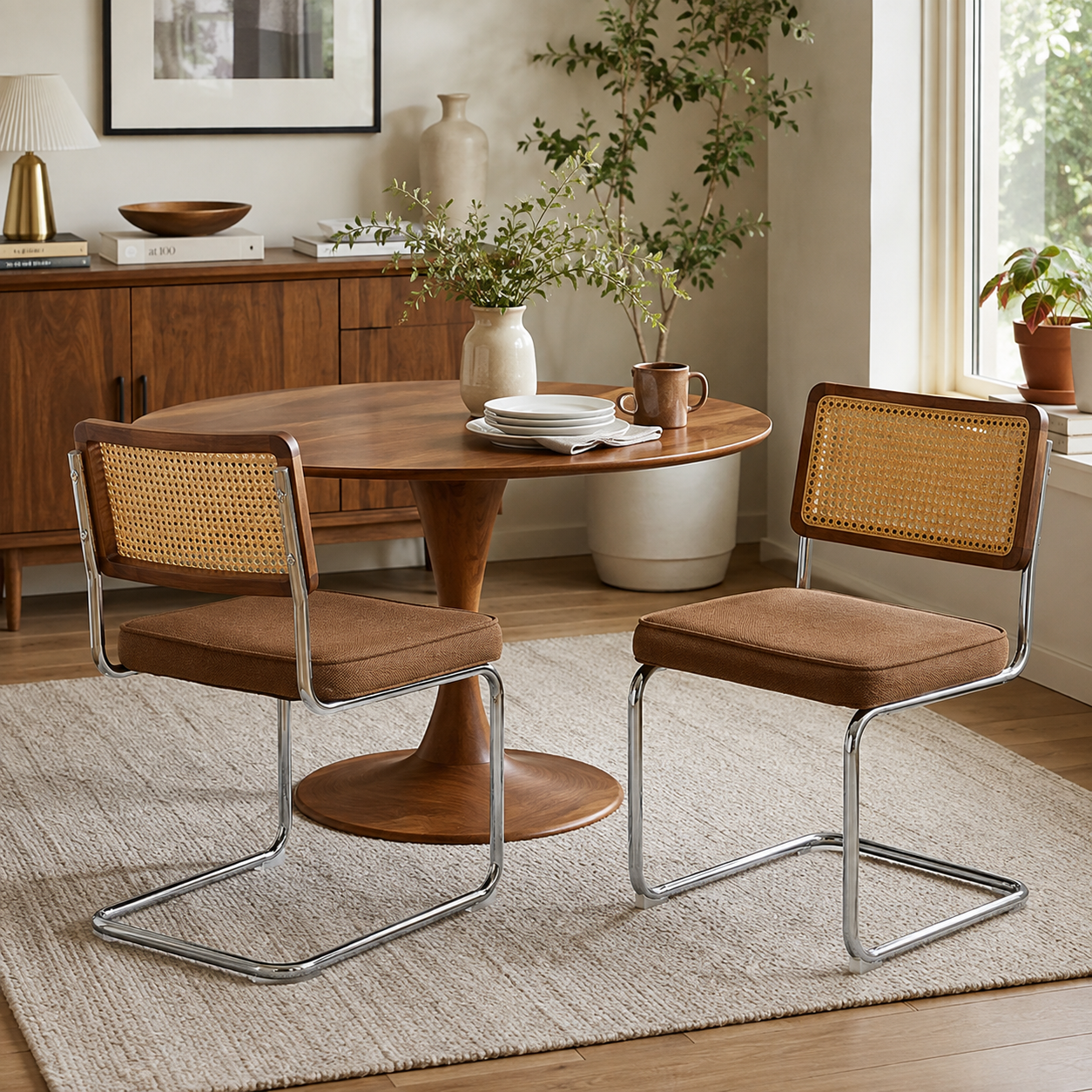 Tigris brown dining chairs with woven cane backs in a bright contemporary dining room