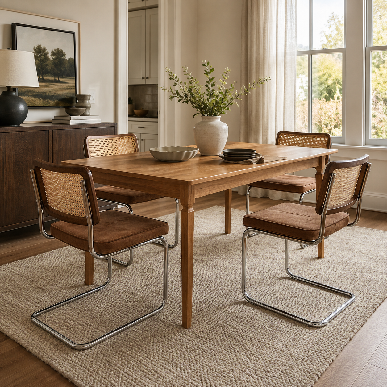 Tigris brown dining chairs with woven cane backs in a bright contemporary dining room