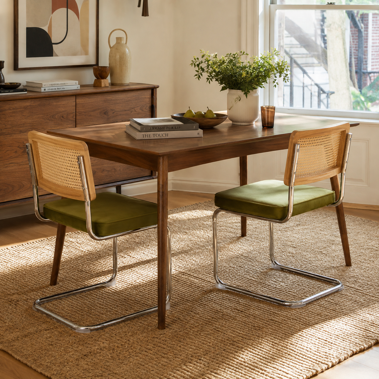 Tigris green velvet cantilever dining chairs with handwoven cane backs around a round wood dining table