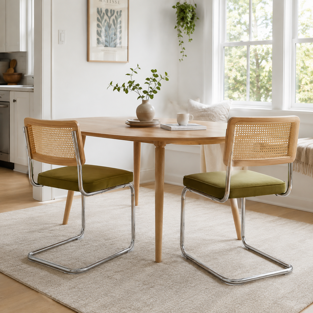 Tigris green velvet dining chairs in a bright dining room with natural wood furniture