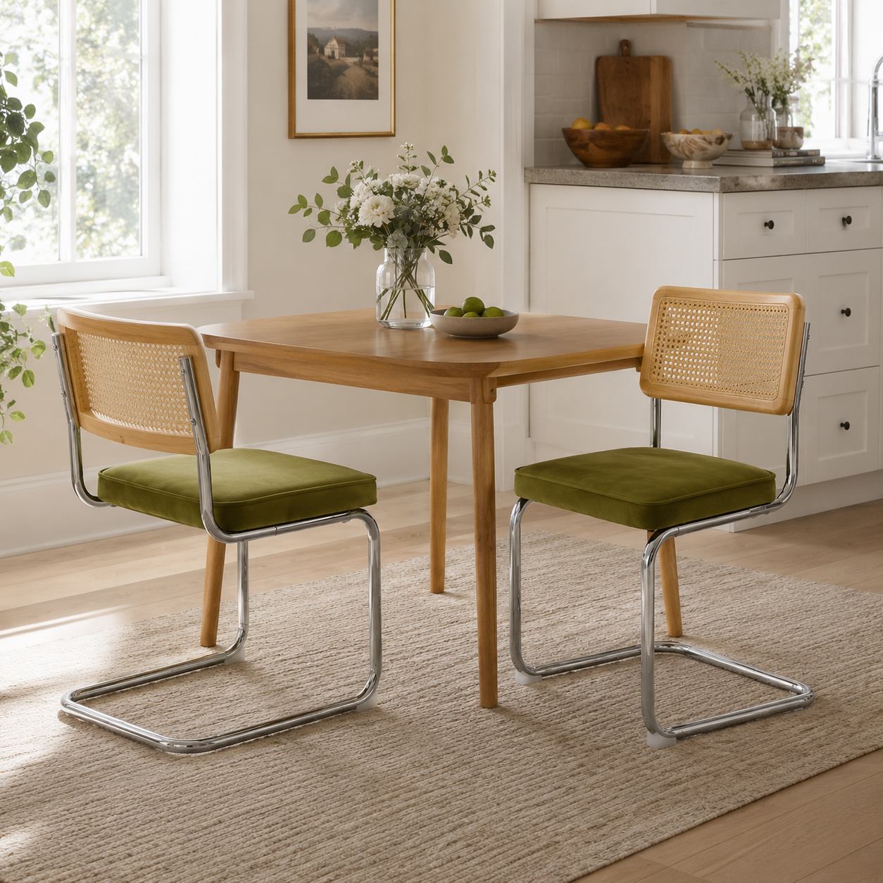 Tigris green cantilever dining chairs beside a wood pedestal table in a warm dining space